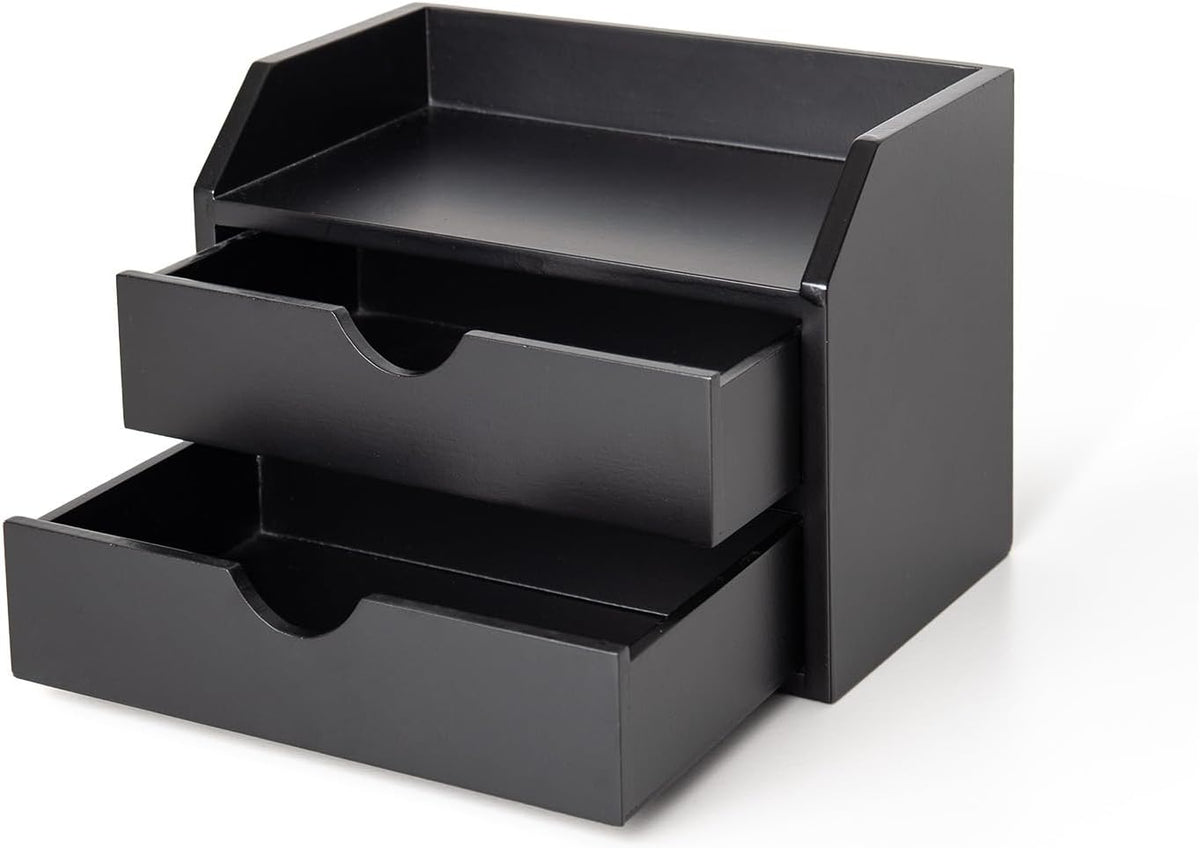 ROSE BLOOM White Wood Desk Organizer with 2 Drawers, Mini Cabinet with Storage Shelf for Tabletop, Small Box for Cosmetic Office Supplies