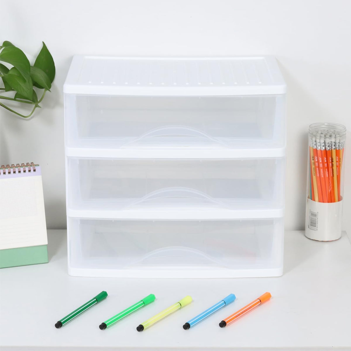 BYCY Plastic Stackable Storage 3 Drawers, White Bathroom Makeup Organizer with Wide Clear Drawers Tabletop Drawer Organizer for Desk,Easily Assemble for Fridge,Bathroom,Cabinet