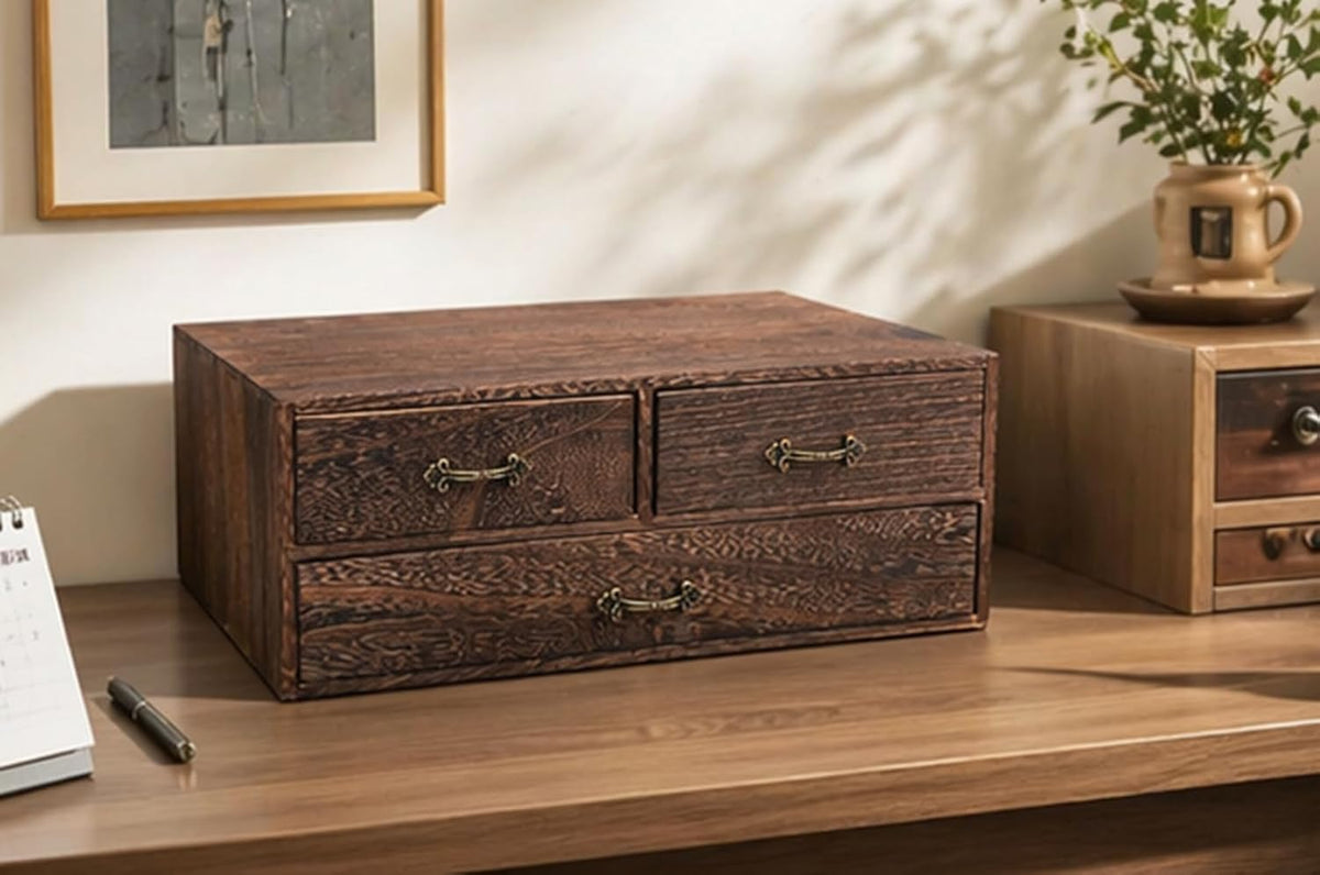 Wood Desktop Organizer Wooden Storage Cabinet with 3 Drawers Tabletop Counter Jewelry Storage Small Organization Box for Home Office Supplies (13 * 9 * 6in)