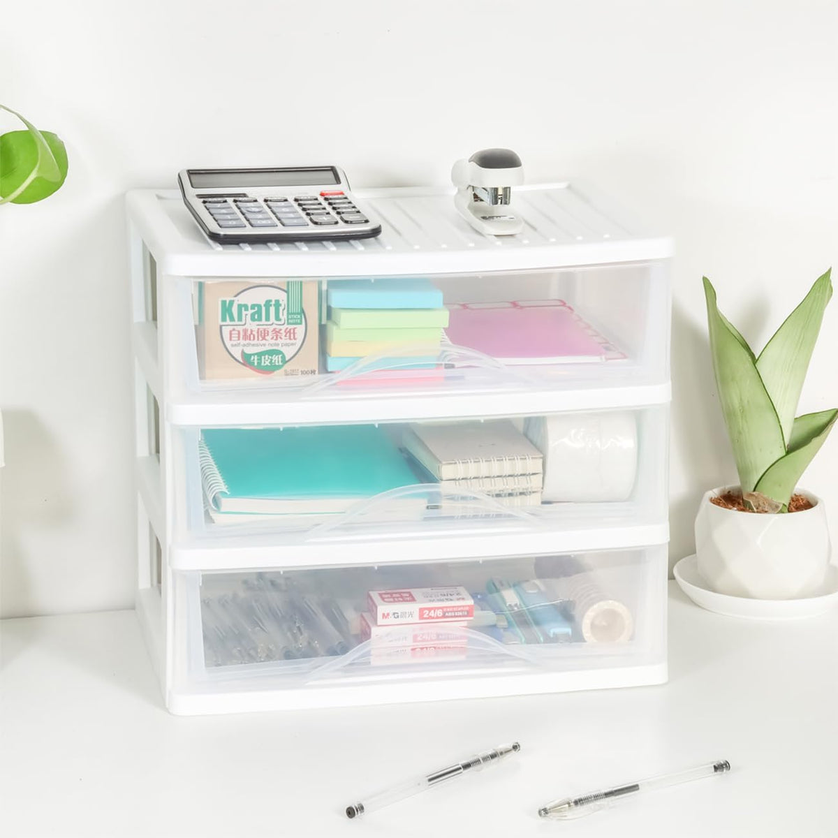 BYCY Plastic Stackable Storage 3 Drawers, White Bathroom Makeup Organizer with Wide Clear Drawers Tabletop Drawer Organizer for Desk,Easily Assemble for Fridge,Bathroom,Cabinet