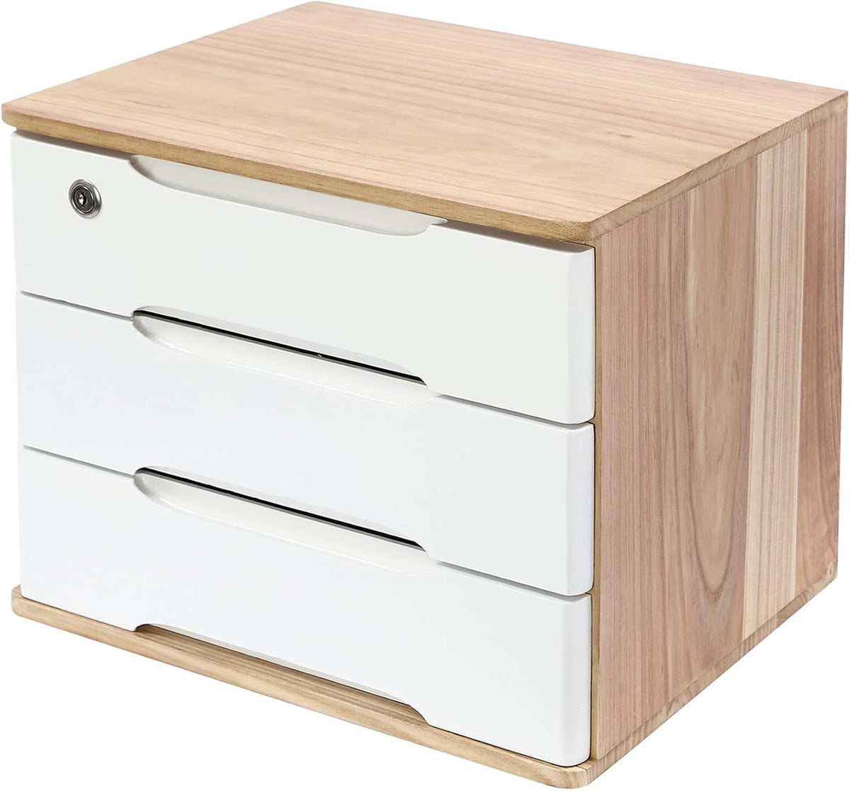 Wood Desk Organizer with 3 Drawers, Lockable Desktop Countertop Storage Cabinet for Home Office Supplies File Tabletop Storage Box, 15.35" x 11.81" x 12.2" (Wood)