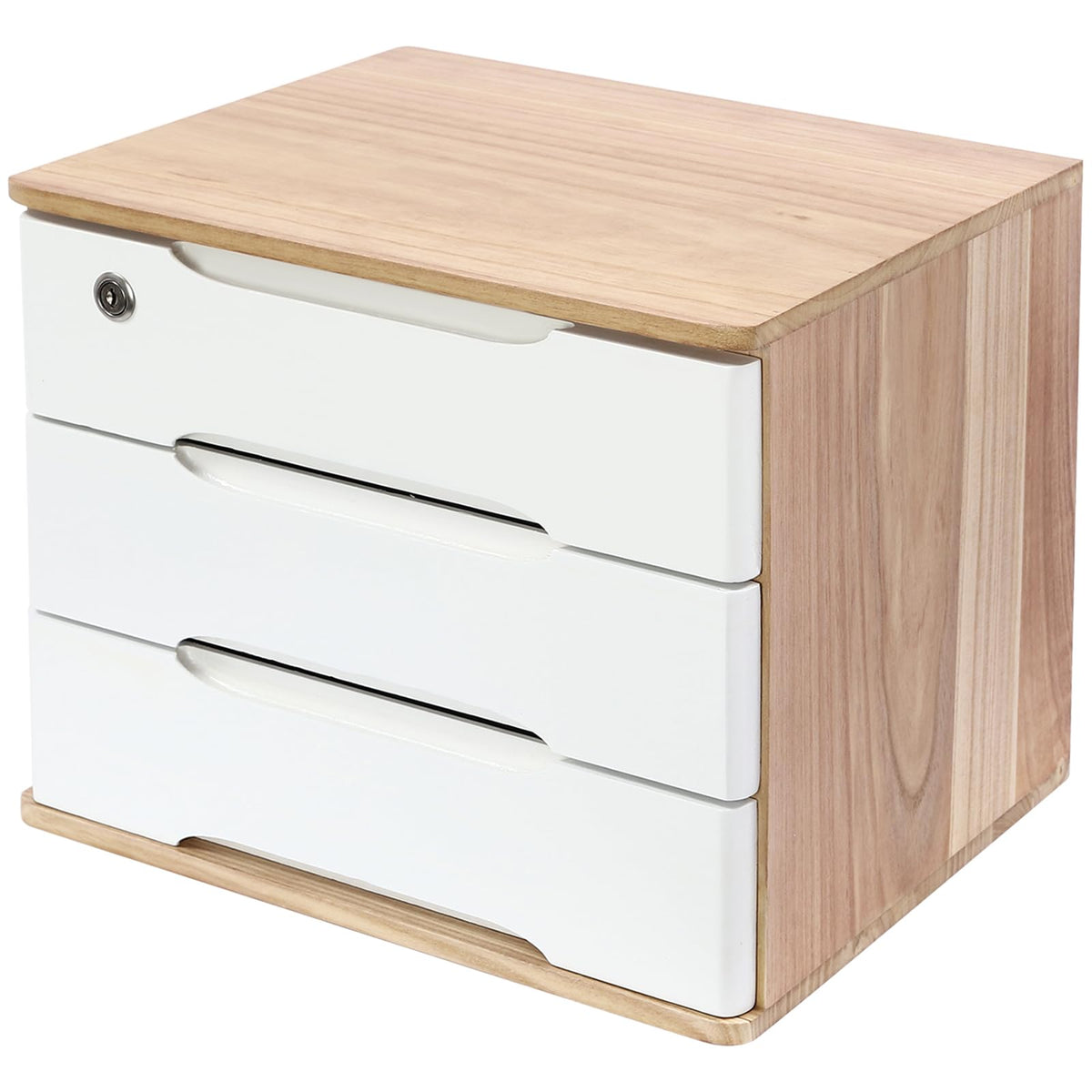 Wood Desk Organizer with 3 Drawers, Lockable Desktop Countertop Storage Cabinet for Home Office Supplies File Tabletop Storage Box, 15.35" x 11.81" x 12.2" (Wood)