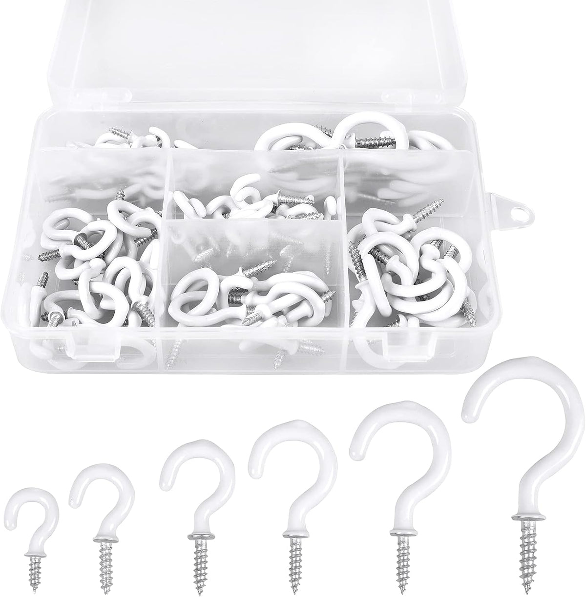 Romeda 90 Pcs White Ceiling Hooks kit, 6 Sizes Vinyl Coated Screw-in Plant, Kitchen, Cup, Ceiling Hooks for Hanging (1/2in, 5/8in,3/4in,7/8in,1'',1-1/4in)