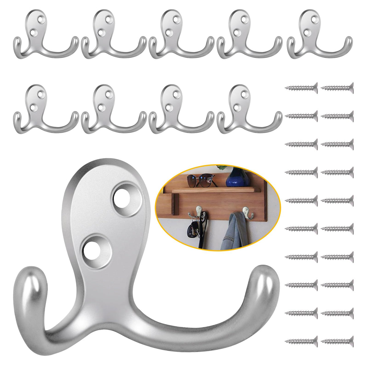 Homanu 14 Pack Silvery Coat Hooks Wall Mounted Double Prong with 28 Screws
