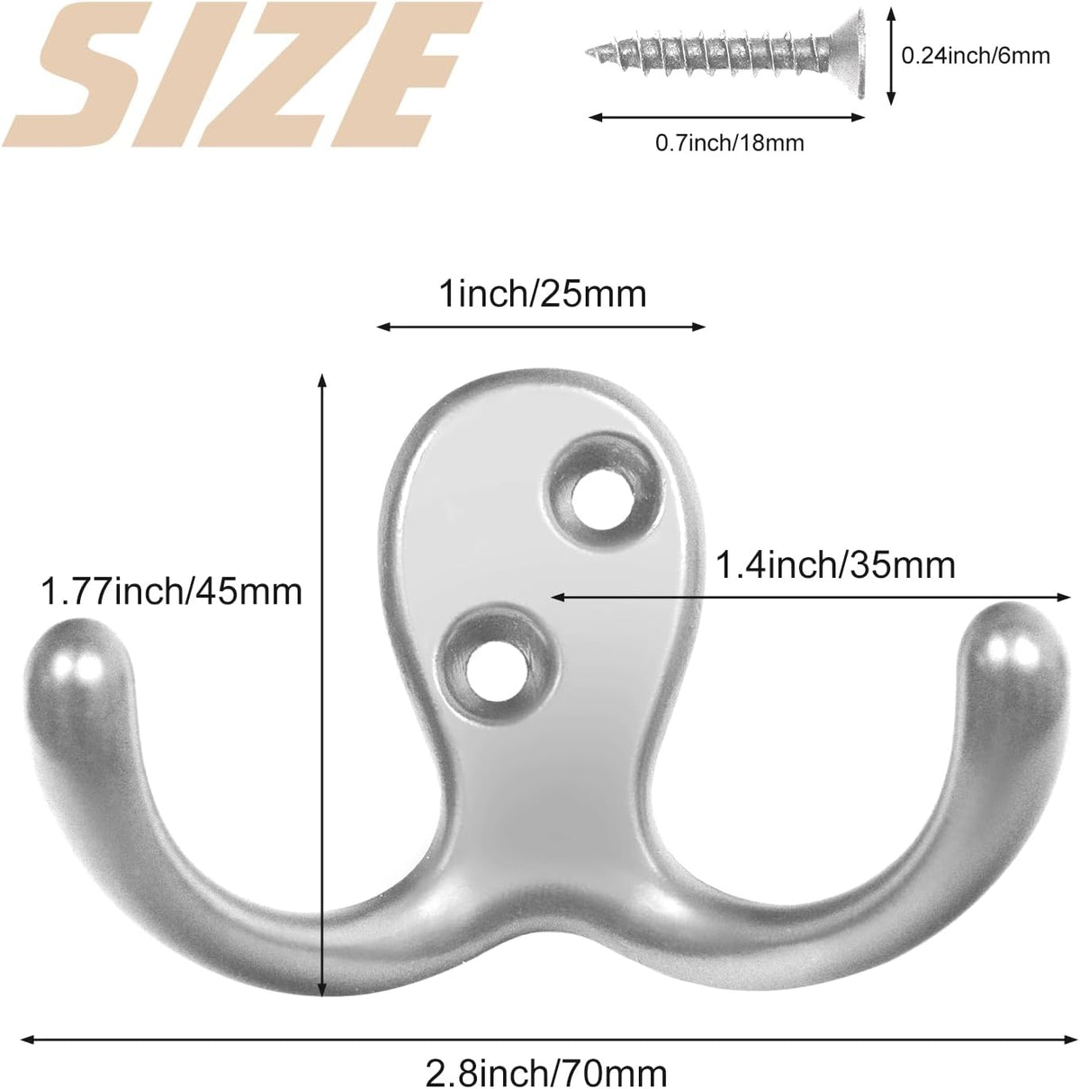 Homanu 14 Pack Silvery Coat Hooks Wall Mounted Double Prong with 28 Screws