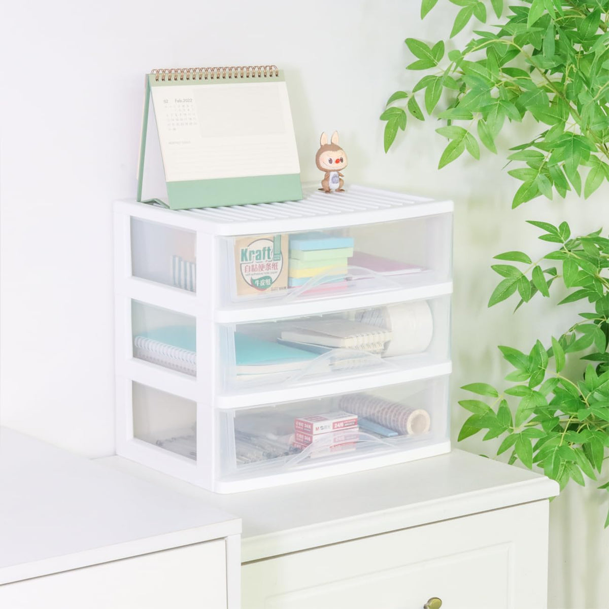 BYCY Plastic Stackable Storage 3 Drawers, White Bathroom Makeup Organizer with Wide Clear Drawers Tabletop Drawer Organizer for Desk,Easily Assemble for Fridge,Bathroom,Cabinet