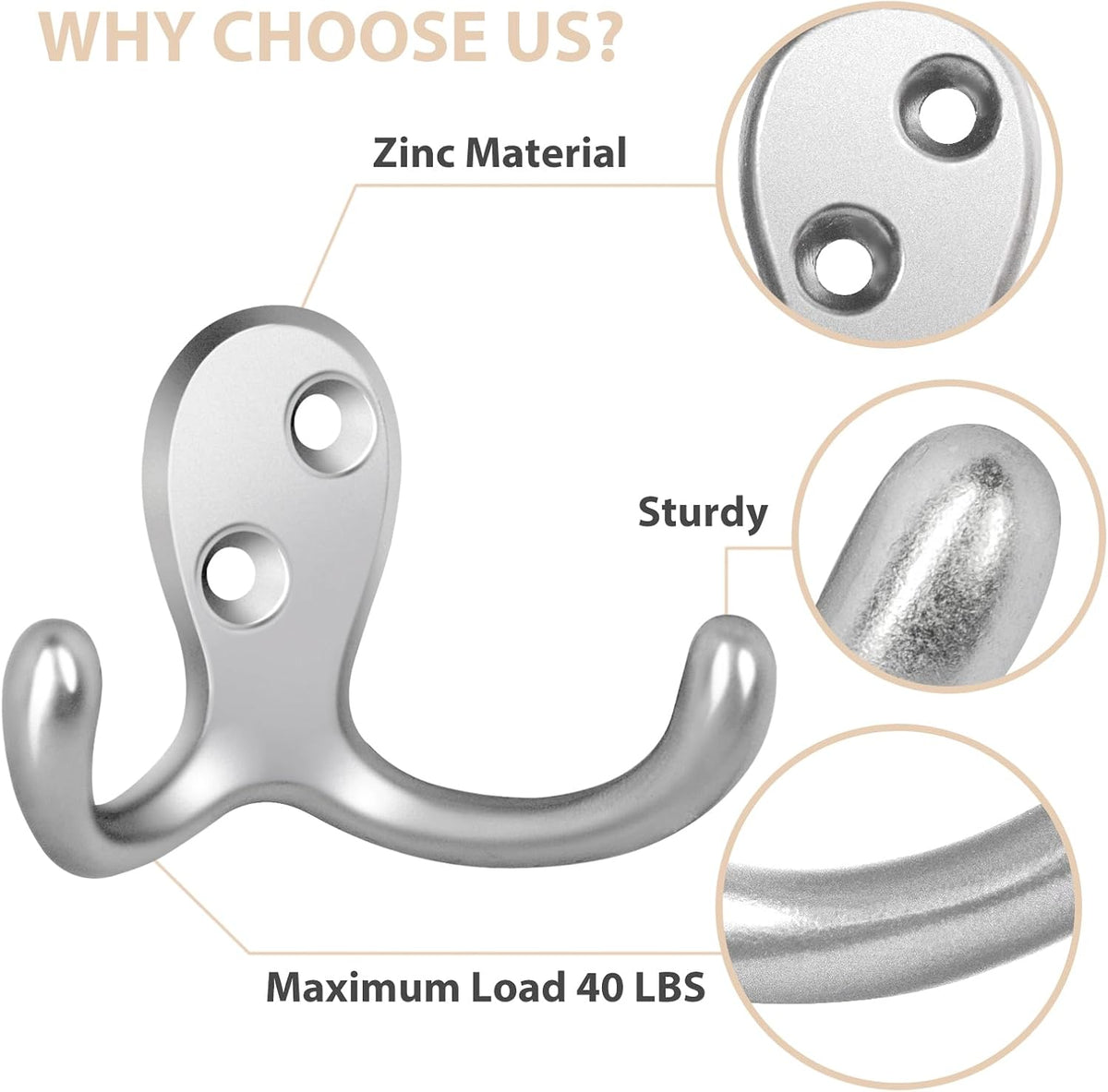 Homanu 14 Pack Silvery Coat Hooks Wall Mounted Double Prong with 28 Screws