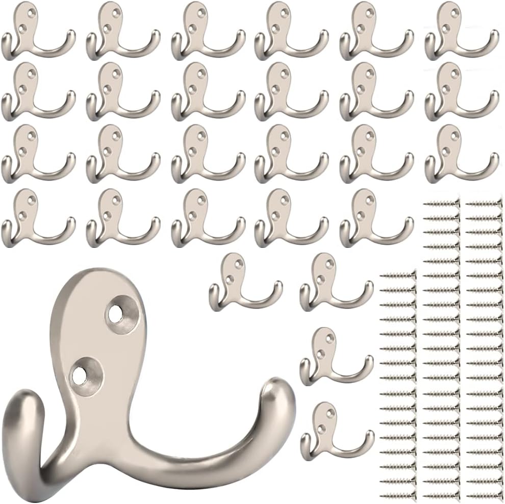 IBosins 28 Pack Heavy Double Prong Coat Hooks Wall Mounted with 56 Screws