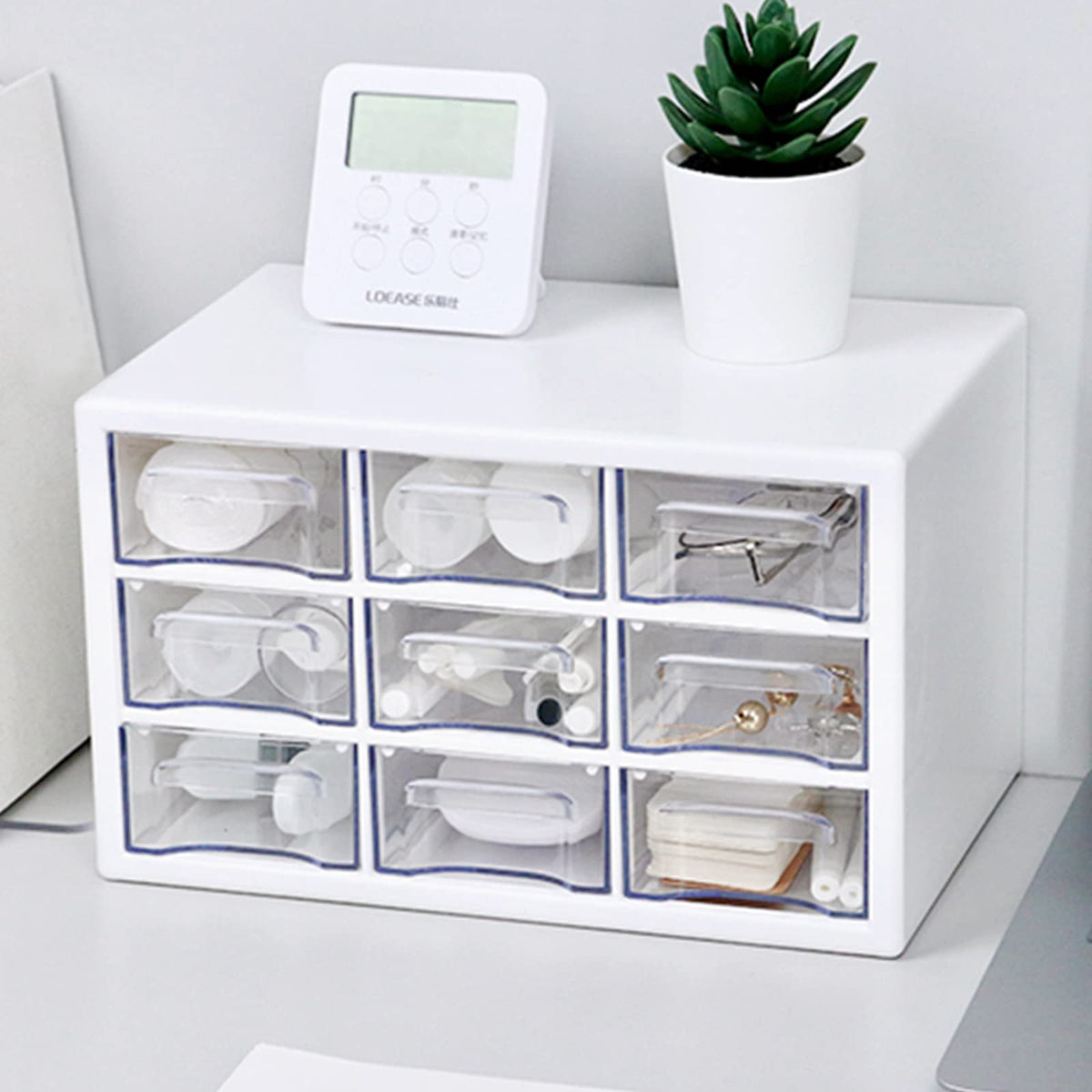 Desk Storage Organizer with 9 Drawers, Clear Plastic Storage Cabinet, Stackable Desk Storage Box for Makeup Office Craft Hardware Art Supplies,9.8x6.3x5.9inch(Purple)