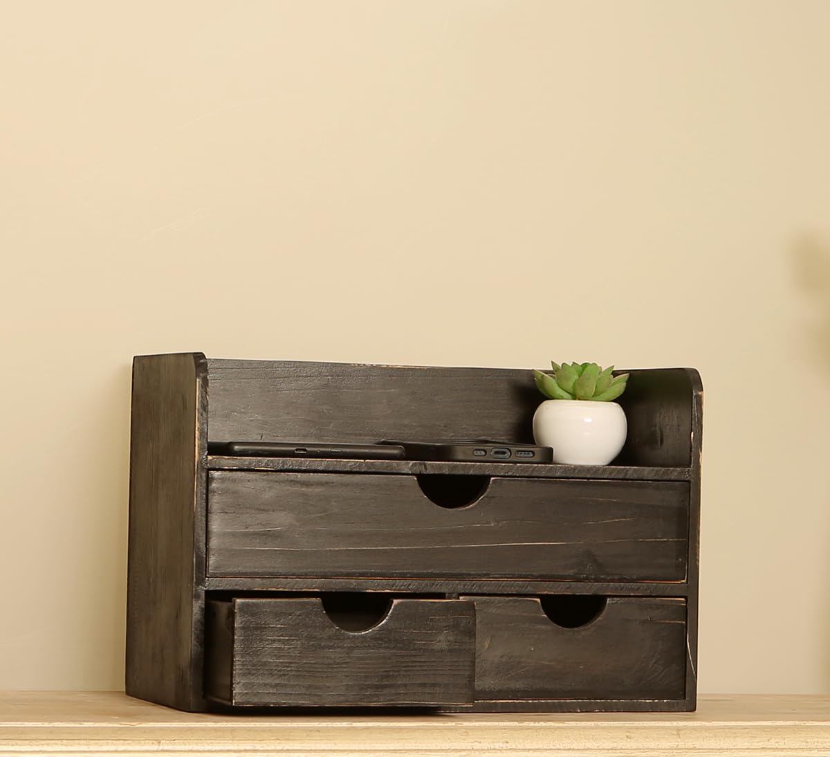 Black Wood 3 Drawer Desk Organizer Shelf, Mail Rack Vanity Storage