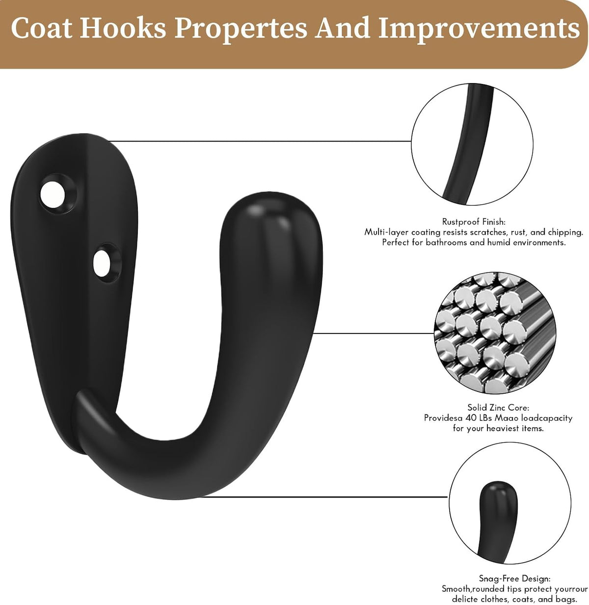 CBWLWJ 16 Pack Coat Hooks Wall Mounted Single Prong Robe Wall Hooks for Hanging Towel Hooks for Living Room, Bathroom, Kitchen, Bedroom for Coat, Bag, Scarf, Towel, Hat, Key, Cup (Black)