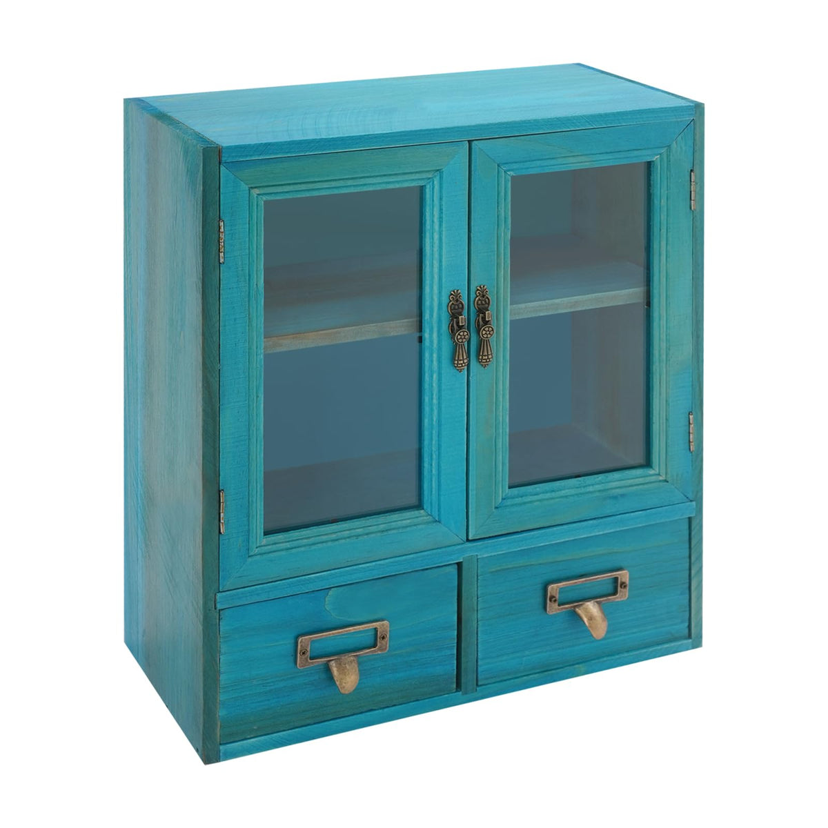 Rustic Vintage Mini Pine Counter Top Cabinet with Acrylic Doors & 2 Drawers