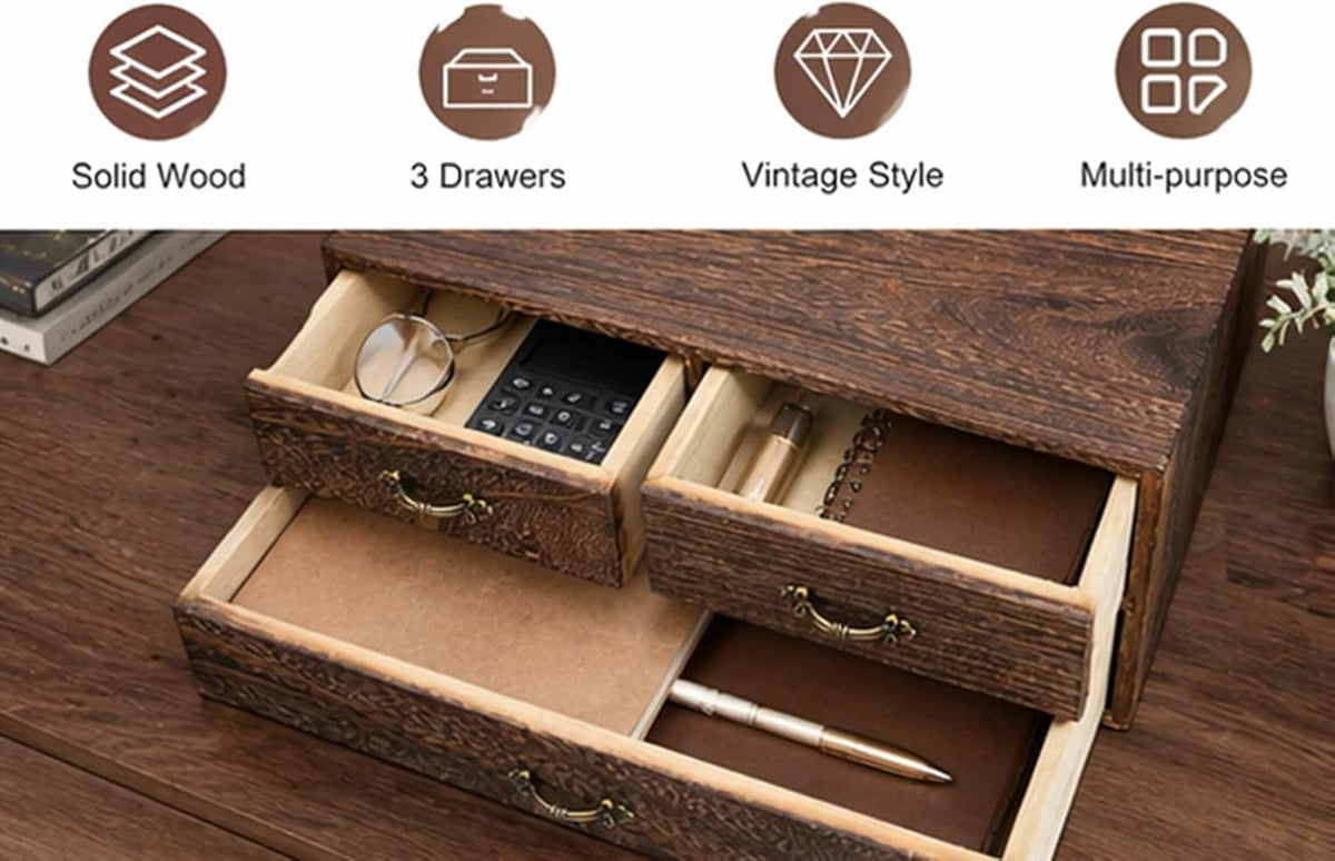 Wood Desktop Organizer Wooden Storage Cabinet with 3 Drawers Tabletop Counter Jewelry Storage Small Organization Box for Home Office Supplies (13 * 9 * 6in)