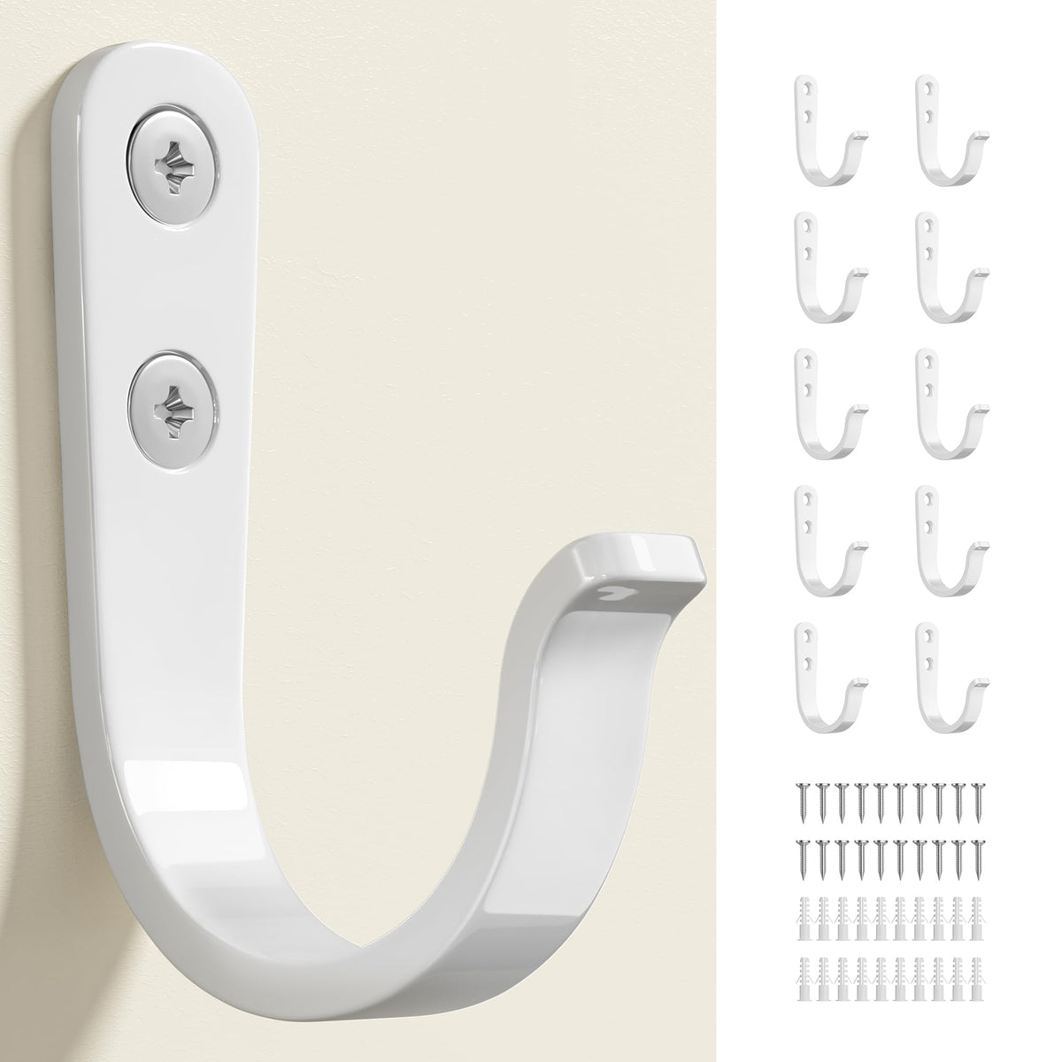 10Pcs Wall Hooks, White Metal Coat and Towel Hooks, Holds Up to 40 lbs
