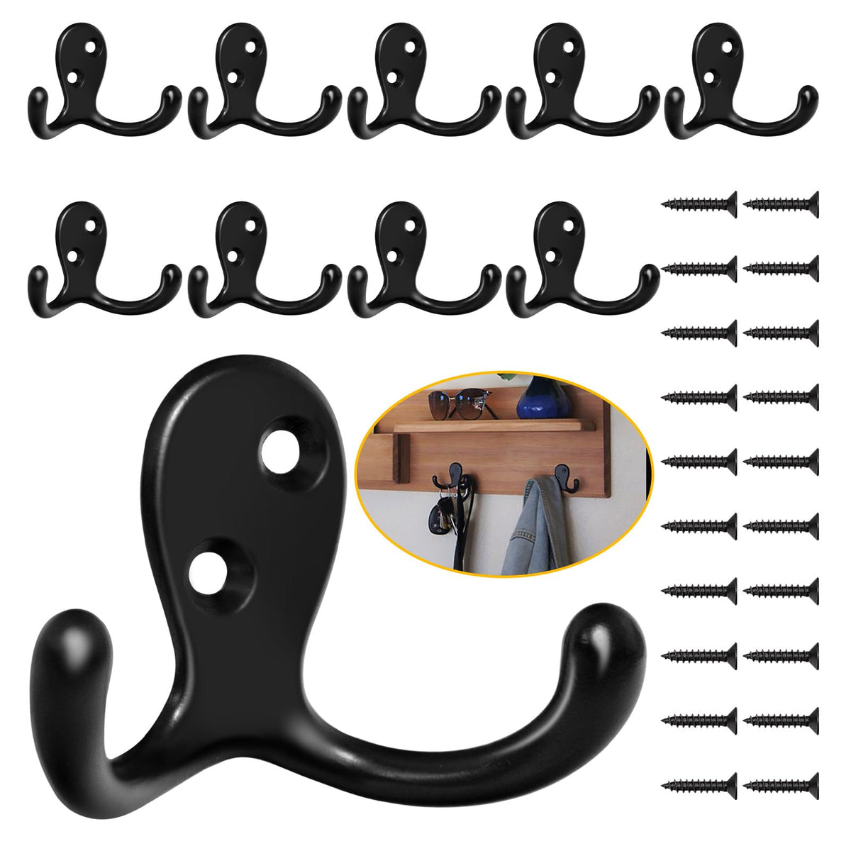 Homanu 14 Pack Silvery Coat Hooks Wall Mounted Double Prong with 28 Screws