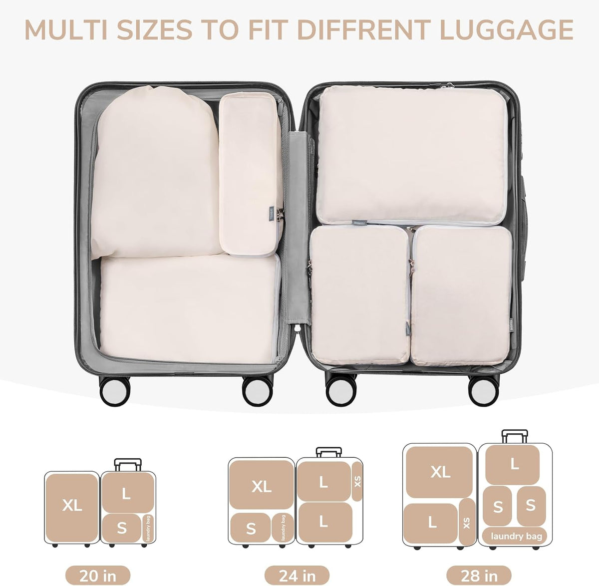 CherryNow 7 Set Packing Cubes for Travel Women, Suitcase Organizer, Beige