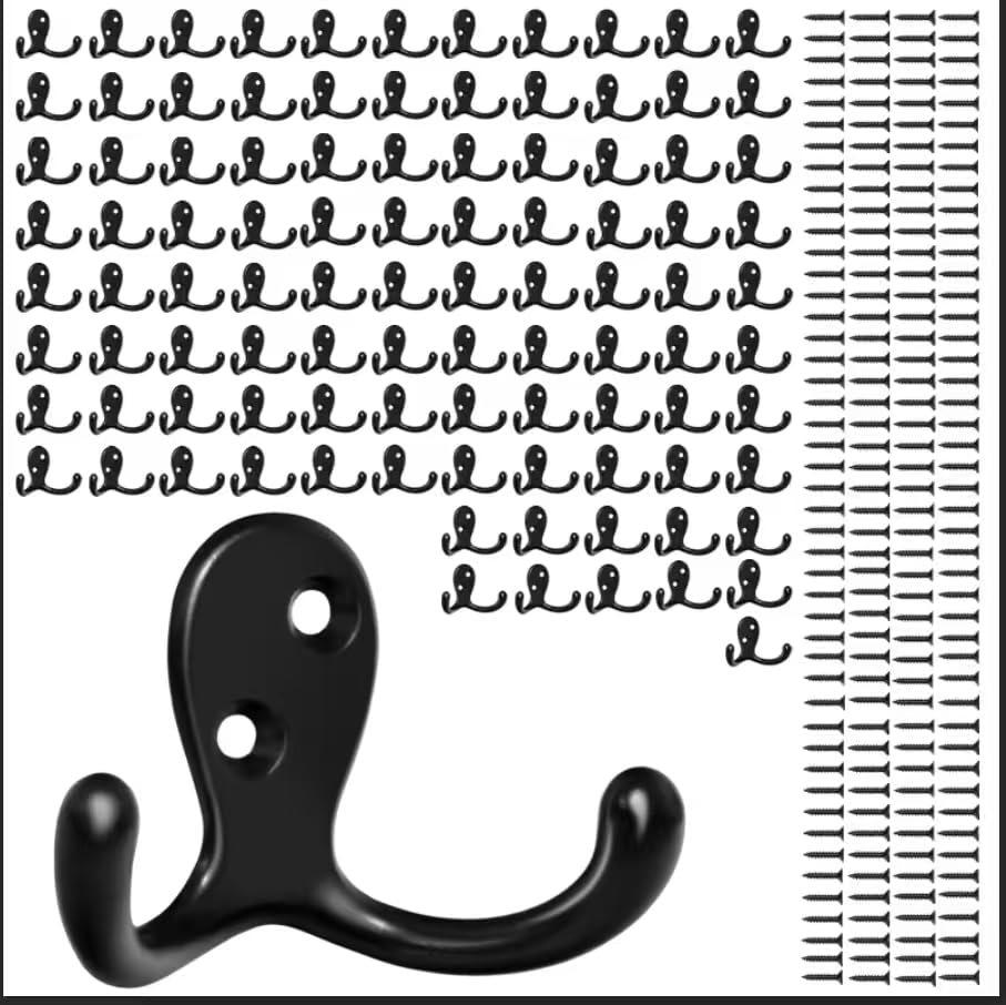Homanu 14 Pack Silvery Coat Hooks Wall Mounted Double Prong with 28 Screws
