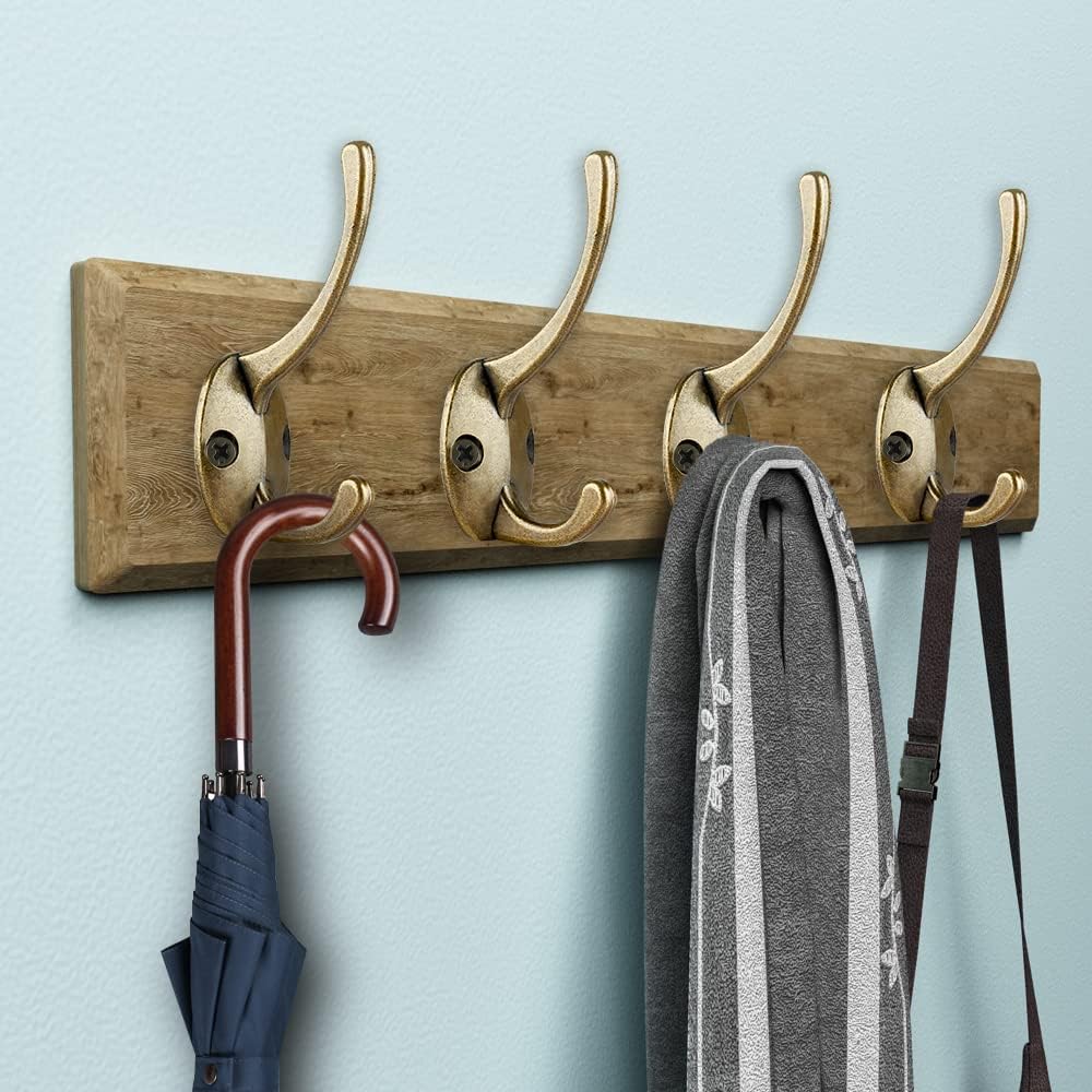 IBosins 12 Pack Antique Brass Double Coat Hooks Wall Mounted with 24 Screws