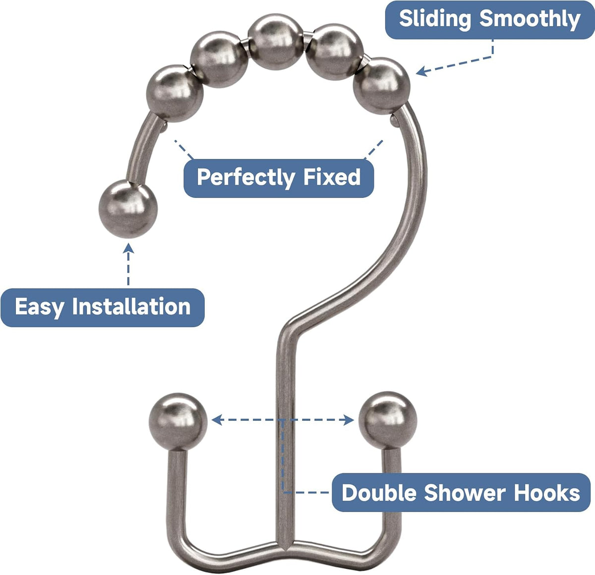 Titanker Shower Curtain Hooks Rings, Rust Resistant Metal Double Glide Shower Hooks Rings for Bathroom Shower Rods Curtains, Set of 12 Hooks - Nickel