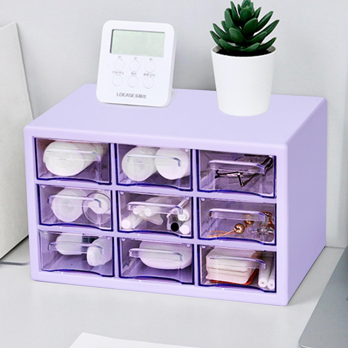 Desk Storage Organizer with 9 Drawers, Clear Plastic Storage Cabinet, Stackable Desk Storage Box for Makeup Office Craft Hardware Art Supplies,9.8x6.3x5.9inch(Purple)