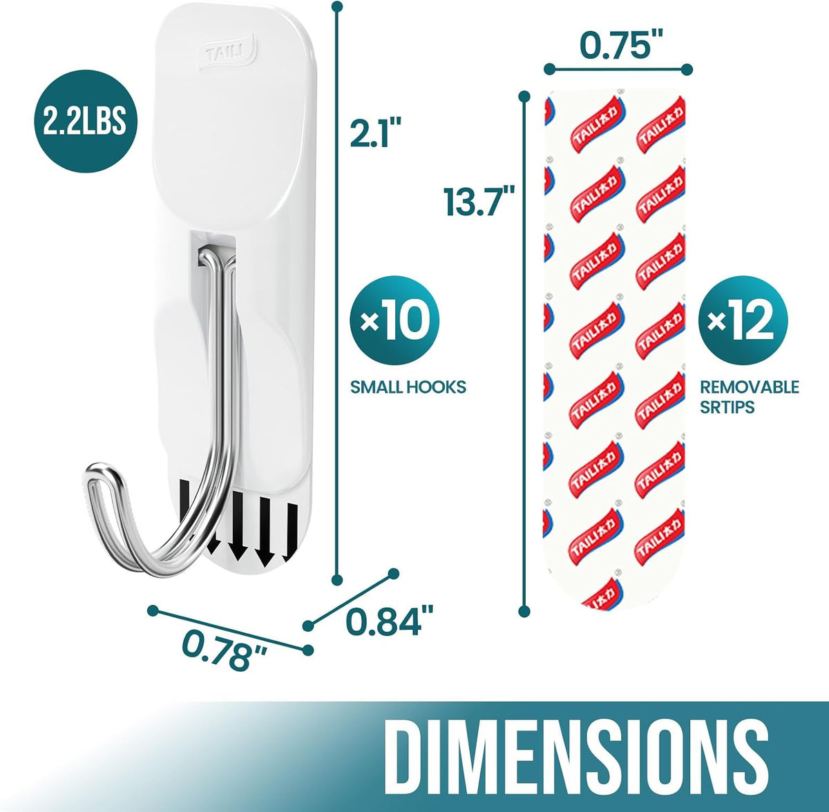TAILI Hooks for Hanging,10 Small Hooks & 12 Adhesive Strips Holds up 1.1 lb