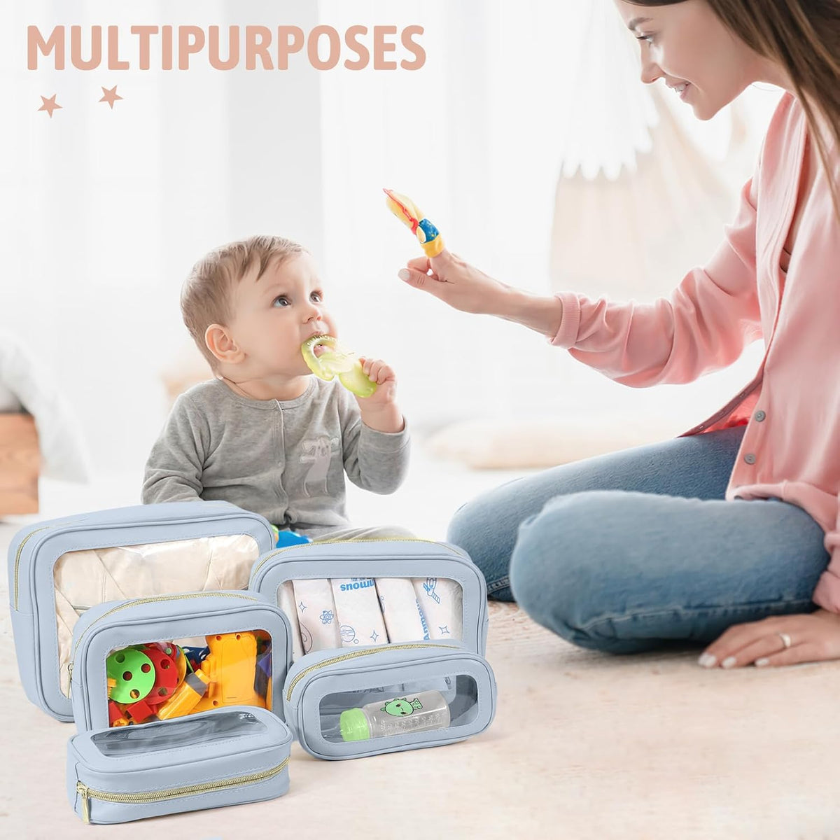 YOPCDJ 5PCS Diaper Bag Organizer Pouch Set, TSA Approved Toiletry Bag,Clear Waterproof TPU Makeup Bag Set Travel Organizer Bags for Women and Kids