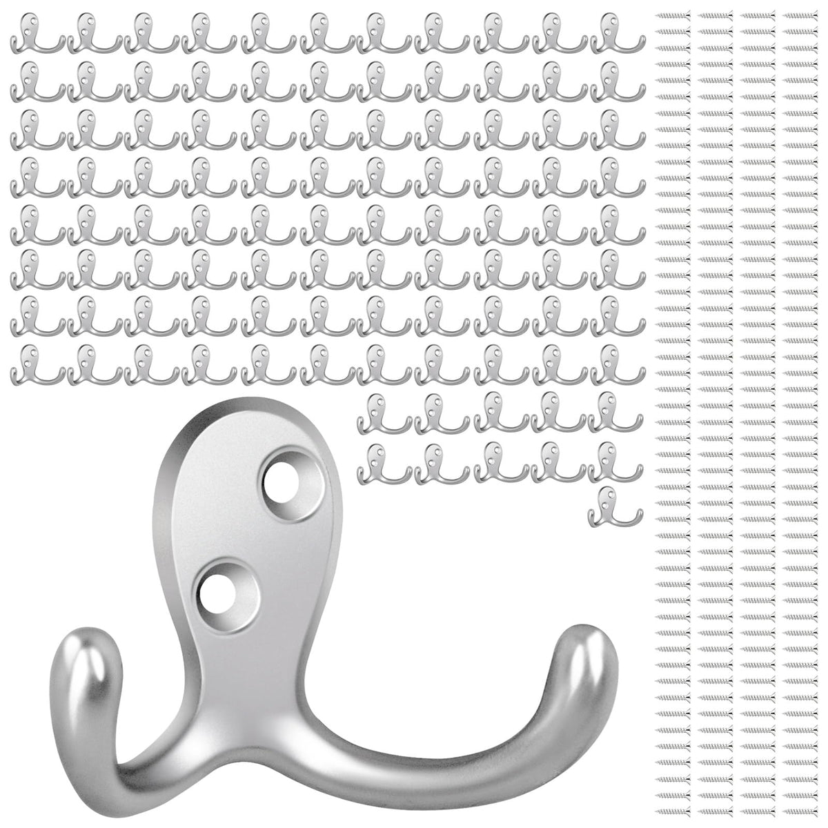 Homanu 14 Pack Silvery Coat Hooks Wall Mounted Double Prong with 28 Screws