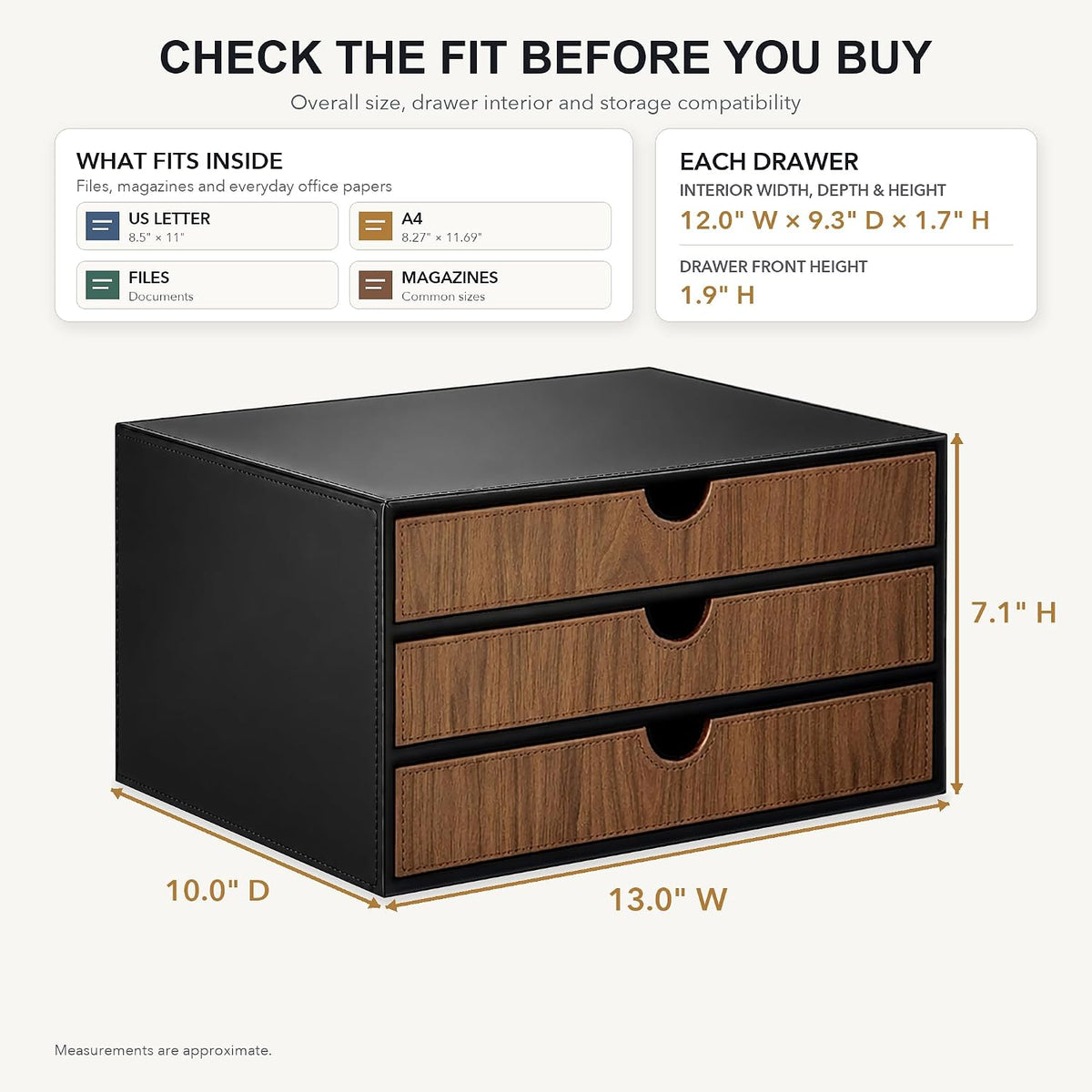 UnionBasic Document Organizer, 3-Drawer File Cabinet Document Storage Box, Office Desktop Filing Organizer, Black with Wood Grain Drawers