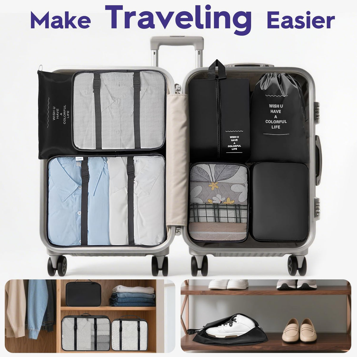 Fosmon 8 Piece Packing Cubes for Travel, Luggage Organizer Bags Set, Black