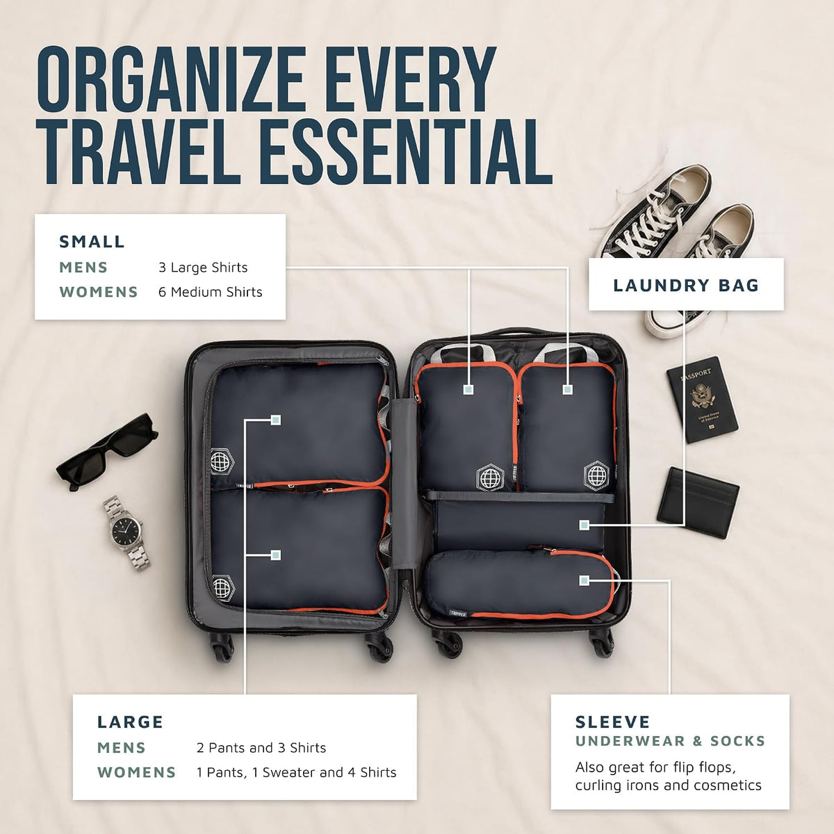 TRIPPED Travel Gear Compression Packing Cubes for Carry-On Travel 6-Pack