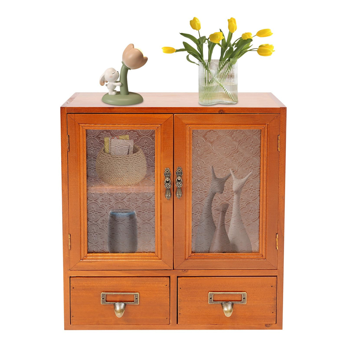 Rustic Vintage Mini Pine Counter Top Cabinet with Acrylic Doors & 2 Drawers