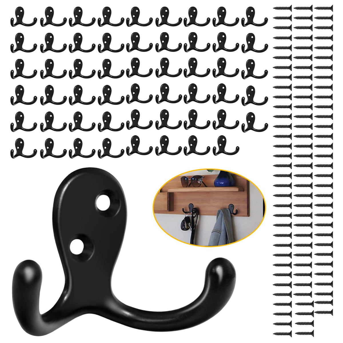 Homanu 14 Pack Silvery Coat Hooks Wall Mounted Double Prong with 28 Screws