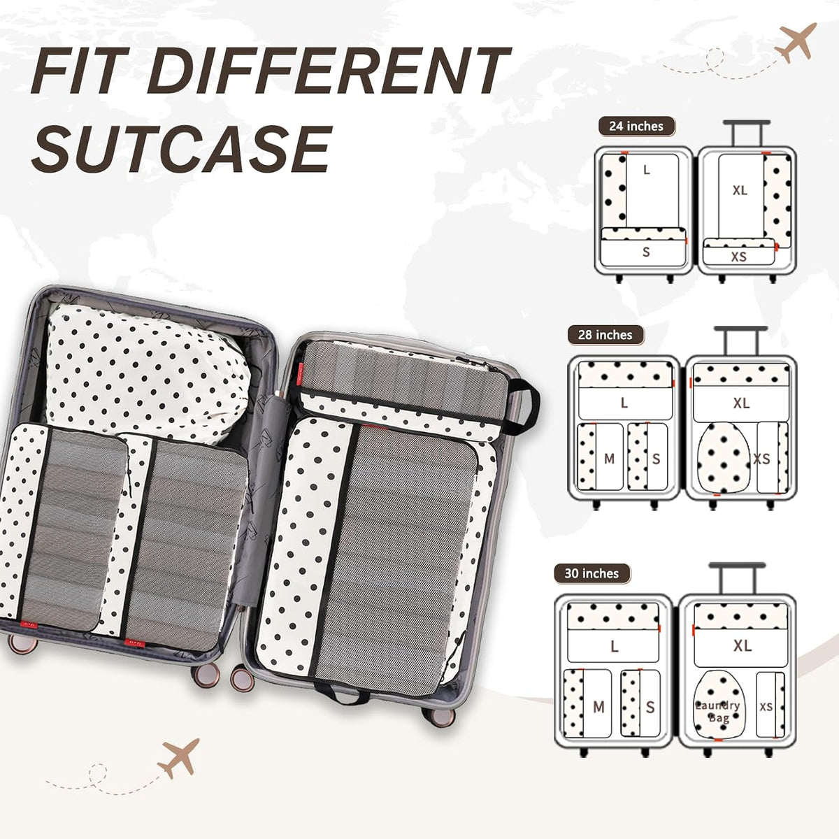 U+U 6 Set Compression Packing Cubes, Travel Organizers (Polka Dot)