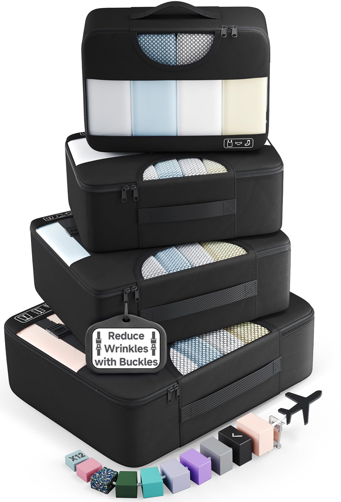 Veken 8 Set Packing Cubes for Travel Essentials,Anti-Wrinkle Buckled Suitcase Organizer for Shoe & Toiletry Bag,Carry On Luggage Bag with 99+ Count Mesh Holes for Airplane & College Dorm Accessories