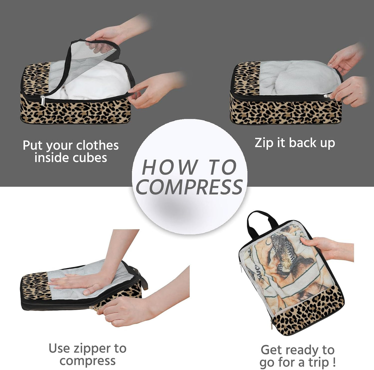 7 Pcs Compression Packing Cubes for Travel, Waterproof Suitcase Luggage Backpack Organizer with Toiletry Bag Travel Essentials for Women/Men-Leopard