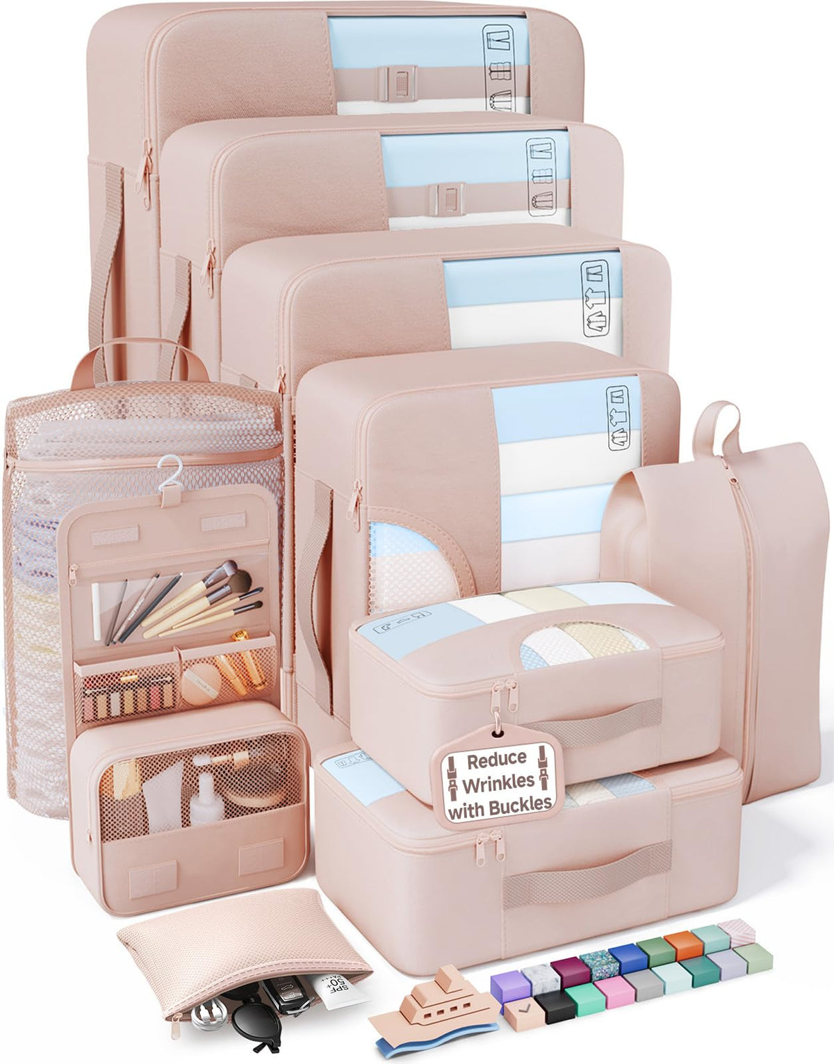 Veken 8 Set Packing Cubes for Travel Essentials,Anti-Wrinkle Buckled Suitcase Organizer for Shoe & Toiletry Bag,Carry On Luggage Bag with 99+ Count Mesh Holes for Airplane & College Dorm Accessories