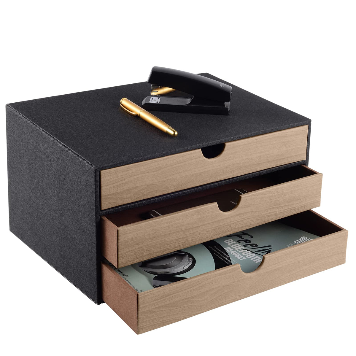 PU Leather Desk Organizer with 3 Drawers,Executive Office Supplies Desktop Filing A4 File Cabinet/Holder for Jewelry/Bill/Paper/Documents/Makeup Home Decor Stationery Storage Box,Black