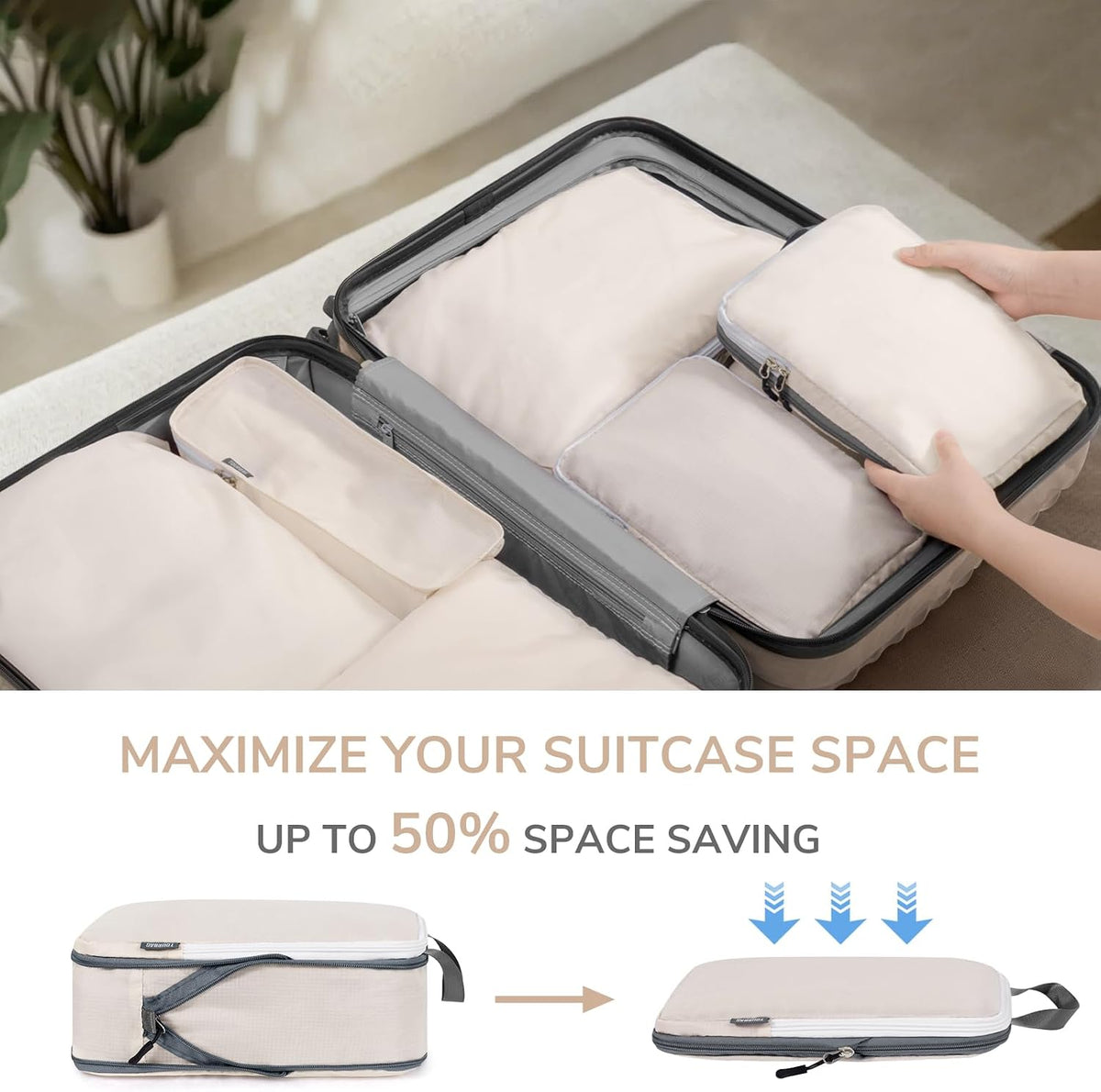 CherryNow 7 Set Packing Cubes for Travel Women, Suitcase Organizer, Beige