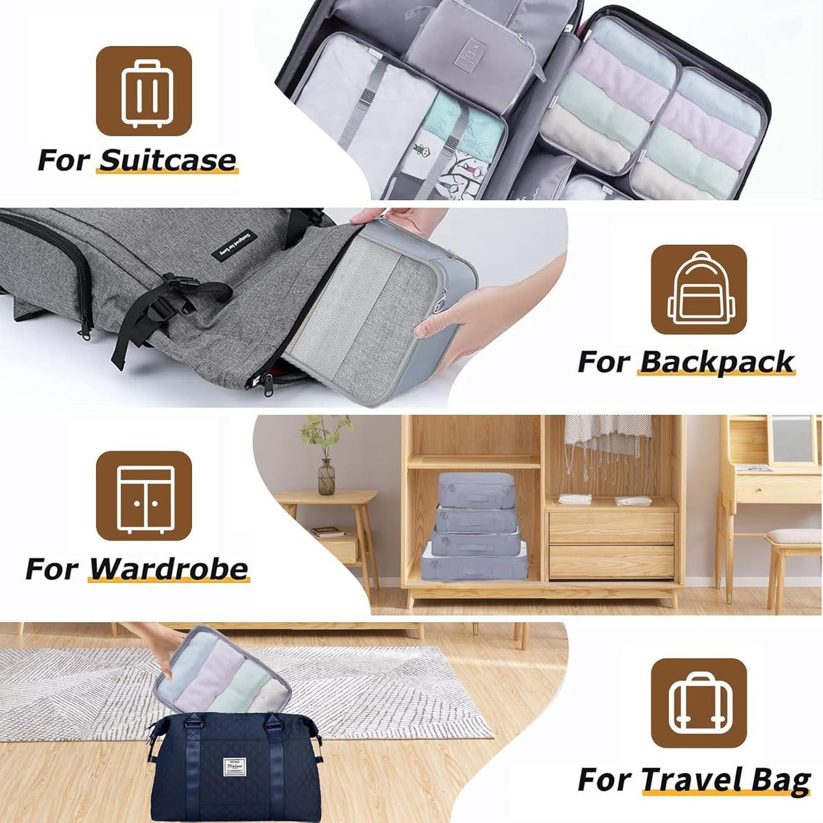 LANSKLBD 6/8 Set Packing Cubes for Suitcases Travel Luggage Packing Organizers,Travel Accessories Essentials Luggage Organizer with Shoe/Tioletry/Laundry Bag (Grey, 8 set)