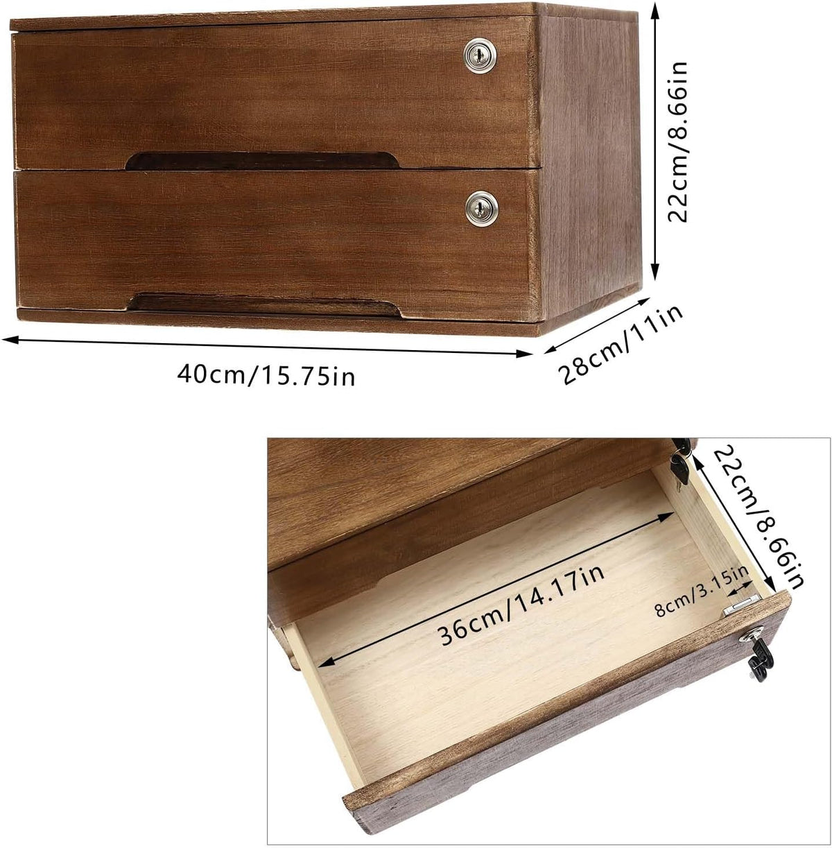 2-Tier Wooden Desktop Storage Box with Lockable Drawers, Flat File Cabinet Small Wooden Box Organizer for Office Supplies Installation-free, 15.75×11×8.66in (Walnut)