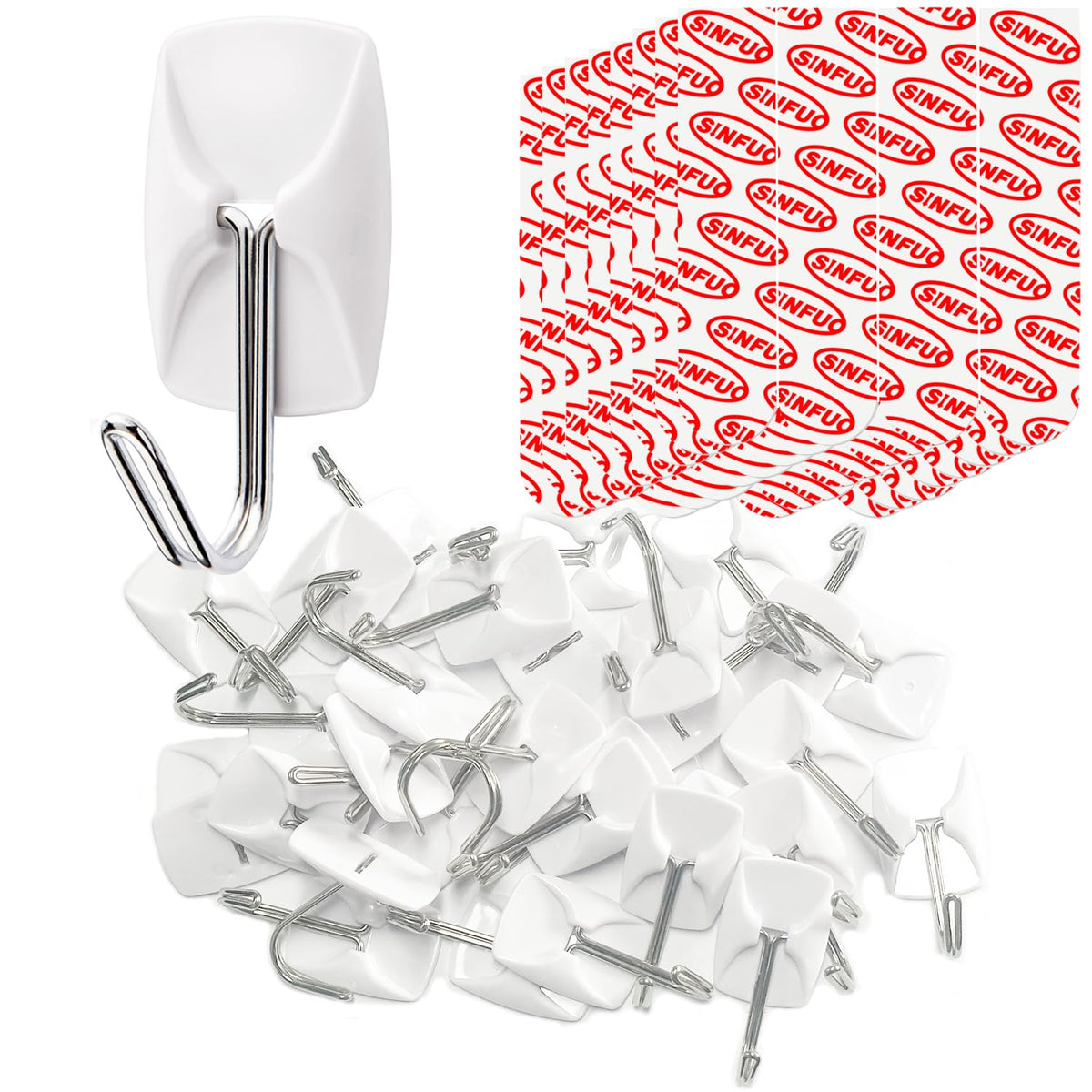 Sinfuo 24 Hooks for Hanging Variety Pack, Adhesive Wall Hooks Heavy Duty with 36 Stirps,no Damage Large midium Small Sticky Utility Hooks for Outdoor、Tower、Keys