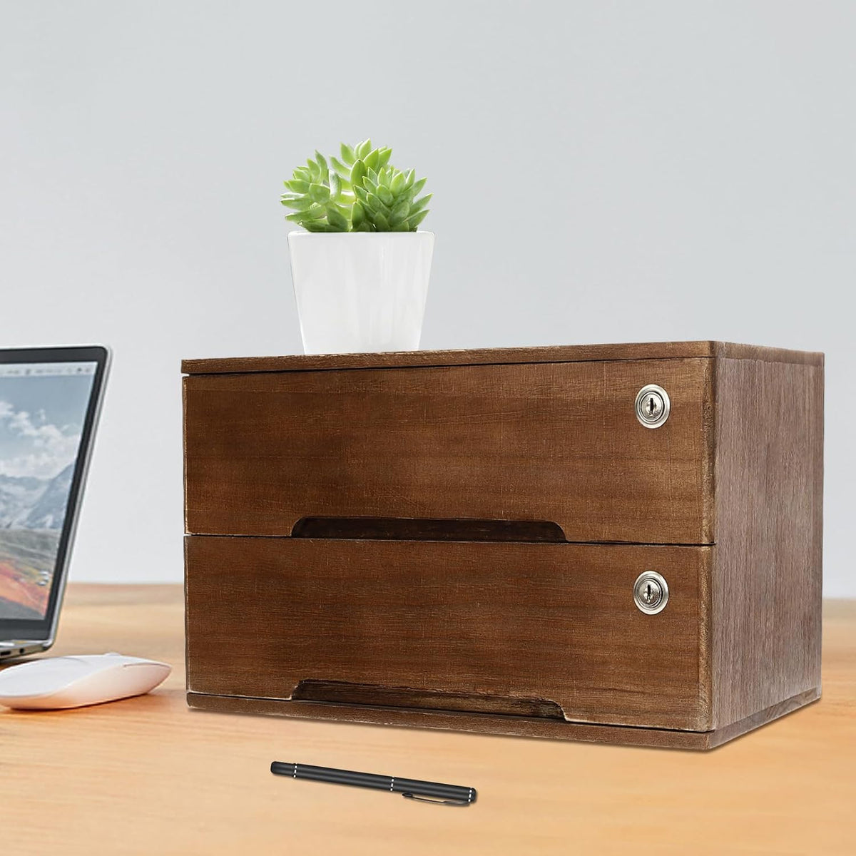 2-Tier Wooden Desktop Storage Box with Lockable Drawers, Flat File Cabinet Small Wooden Box Organizer for Office Supplies Installation-free, 15.75×11×8.66in (Walnut)