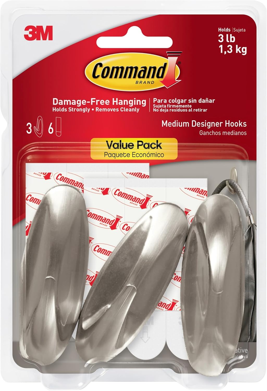 Command Medium Designer Hooks, Brushed Nickel, 3-Hooks, 6-Strips, Decorate Damage-Free