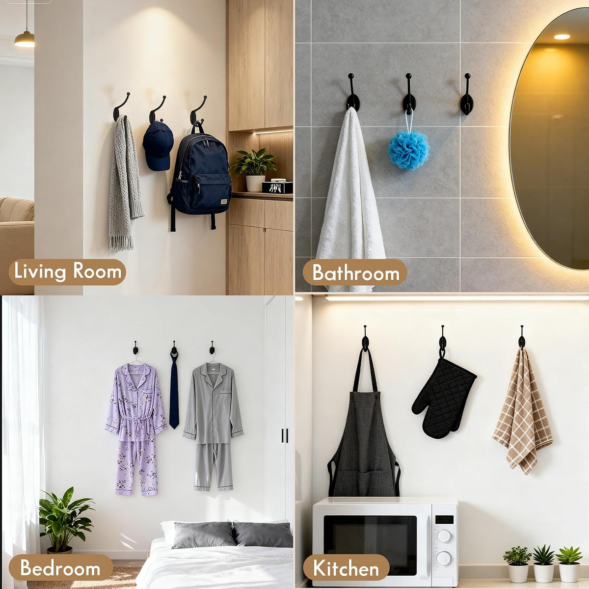 CBWLWJ 16 Pack Coat wall Hooks for Hanging, Durable Coat Hook Wall Mount, with Easy Installation Metal Closet Hooks, Living Rooms, Entrances, Bathrooms, Bedrooms(Black)