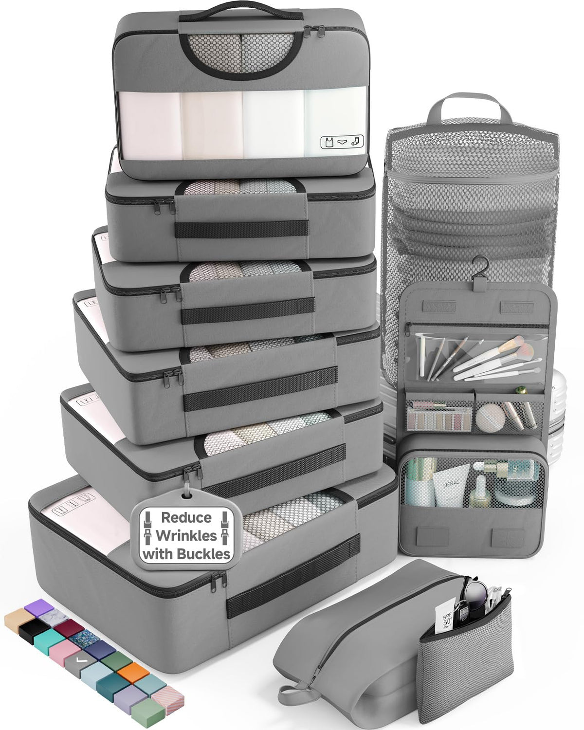 Veken 8 Set Packing Cubes for Travel Essentials,Anti-Wrinkle Buckled Suitcase Organizer for Shoe & Toiletry Bag,Carry On Luggage Bag with 99+ Count Mesh Holes for Airplane & College Dorm Accessories