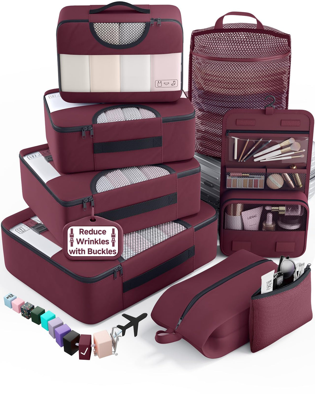 Veken 8 Set Packing Cubes for Travel Essentials,Anti-Wrinkle Buckled Suitcase Organizer for Shoe & Toiletry Bag,Carry On Luggage Bag with 99+ Count Mesh Holes for Airplane & College Dorm Accessories