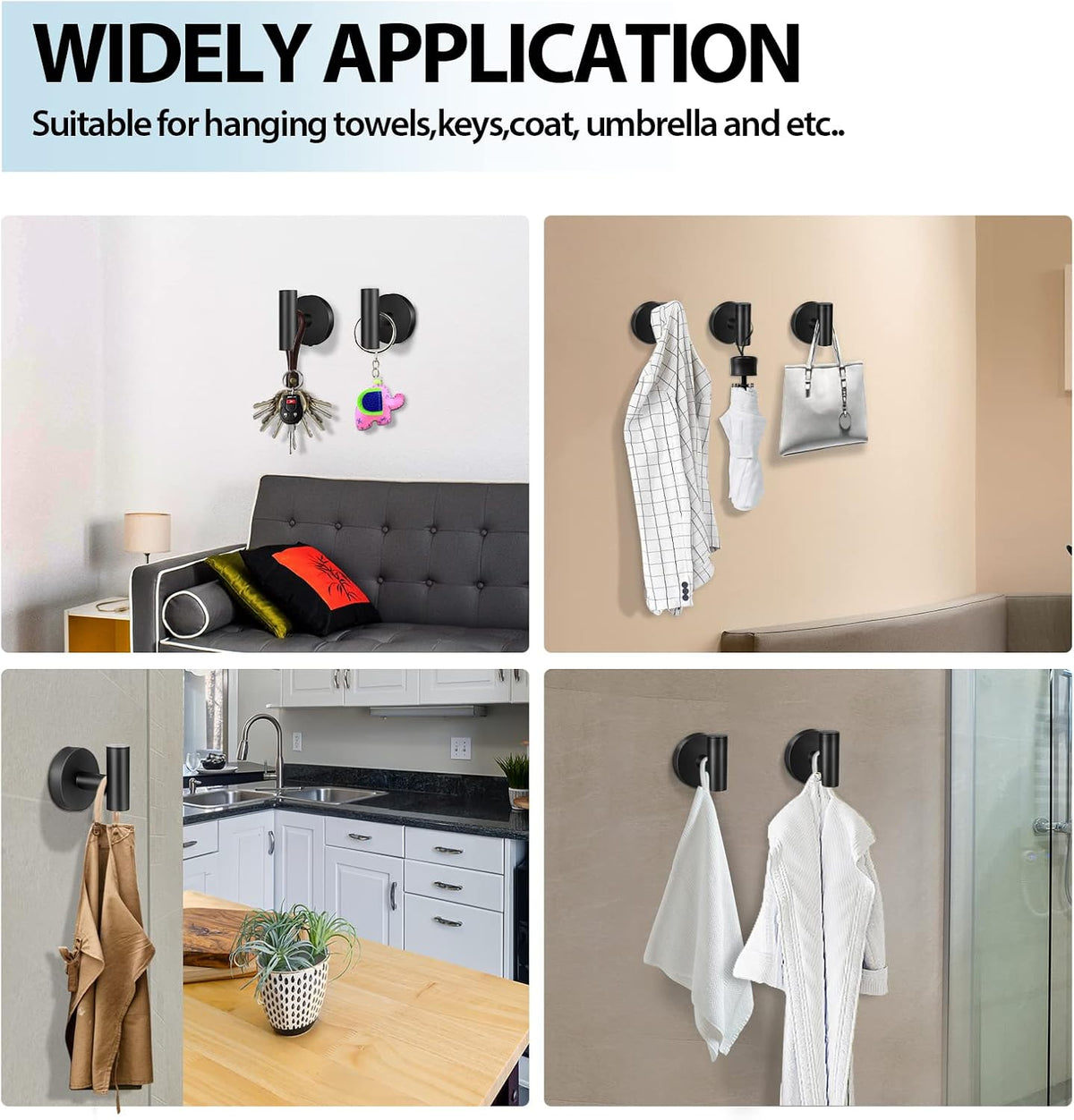 Kruodop Towel Hooks for Bathroom,2 Packs Wall Mount Towel Holder,Black Matte Wall Robe Hook,Stainless Steel Heavy Duty Door Hanger Towel Hook for Kitchen, Bedroom,Hotel,Pool,Coats(Drilling)