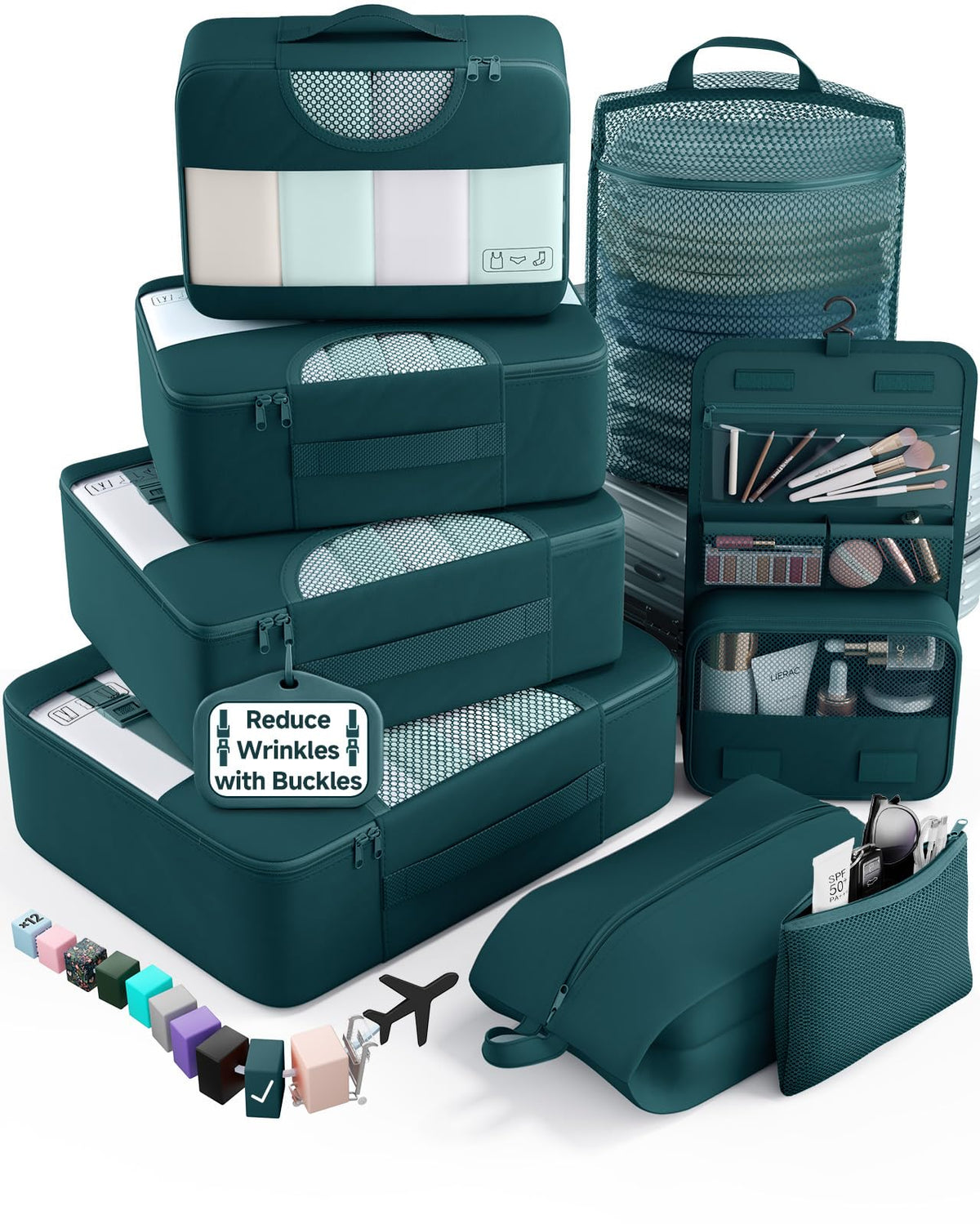 Veken 8 Set Packing Cubes for Travel Essentials,Anti-Wrinkle Buckled Suitcase Organizer for Shoe & Toiletry Bag,Carry On Luggage Bag with 99+ Count Mesh Holes for Airplane & College Dorm Accessories