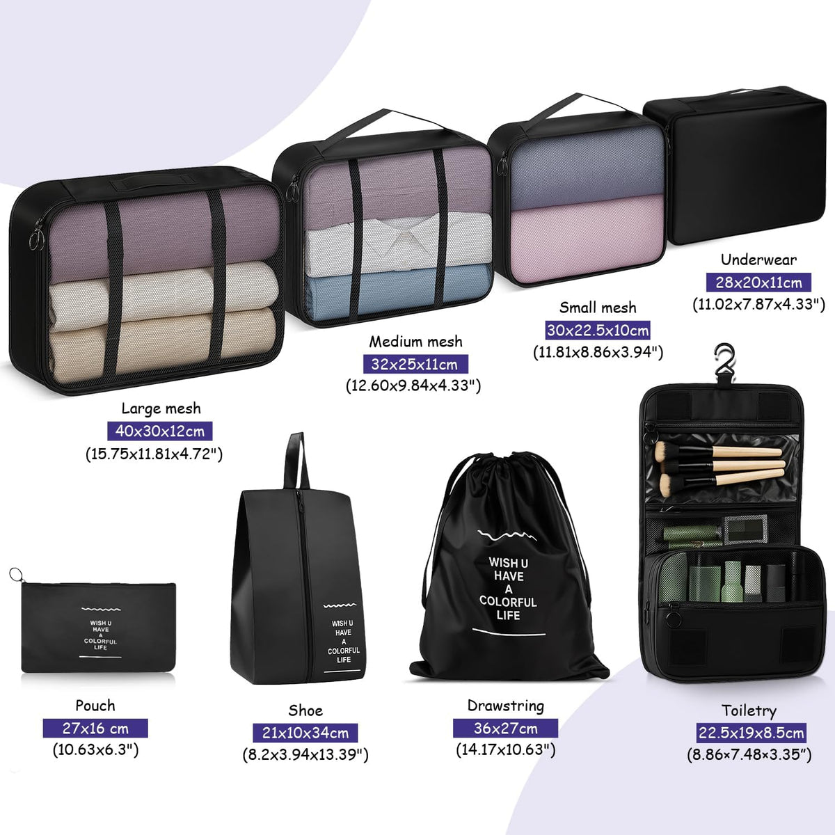Fosmon 8 Piece Packing Cubes for Travel, Luggage Organizer Bags Set, Black