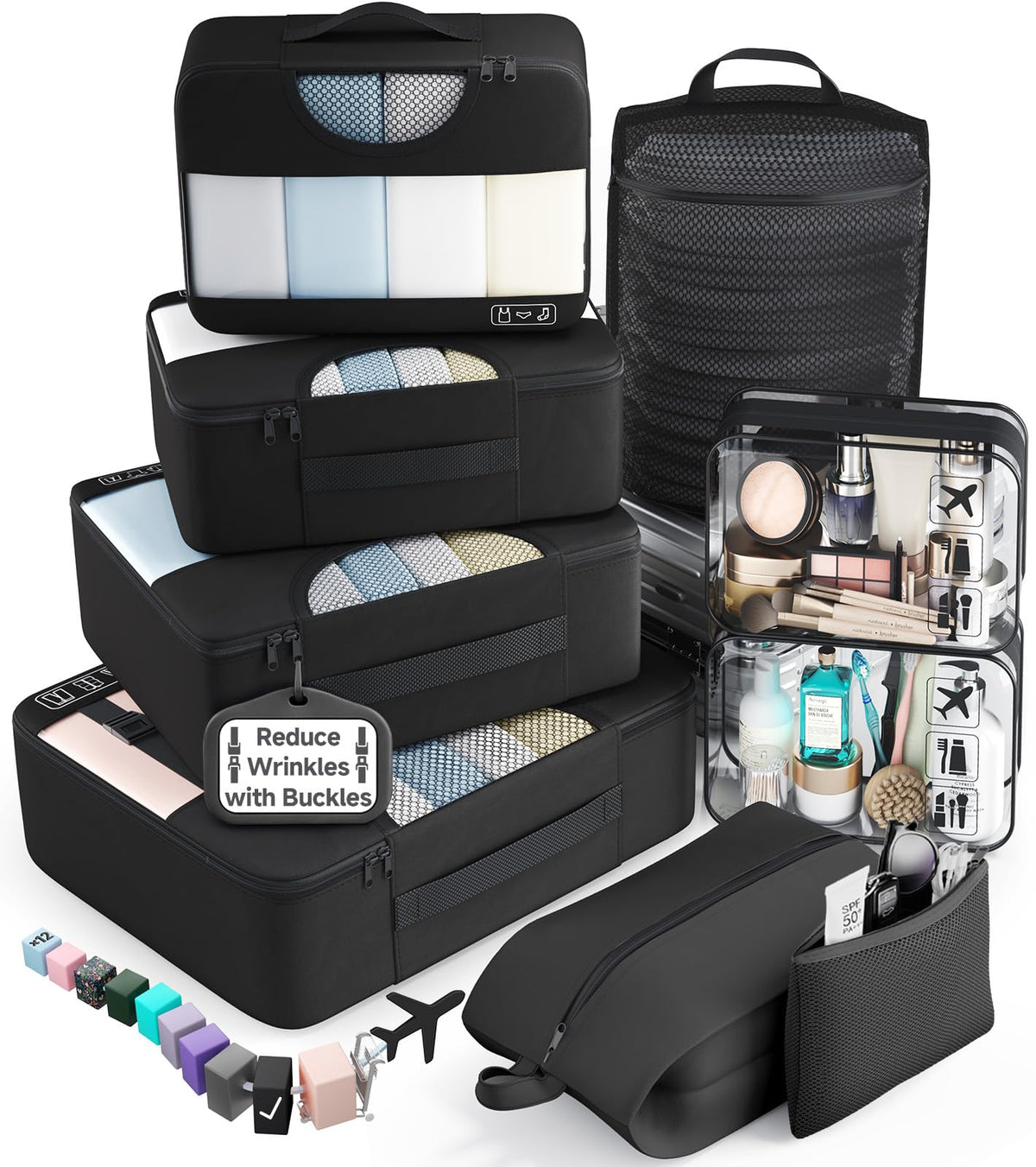 Veken 8 Set Packing Cubes for Travel Essentials,Anti-Wrinkle Buckled Suitcase Organizer for Shoe & Toiletry Bag,Carry On Luggage Bag with 99+ Count Mesh Holes for Airplane & College Dorm Accessories